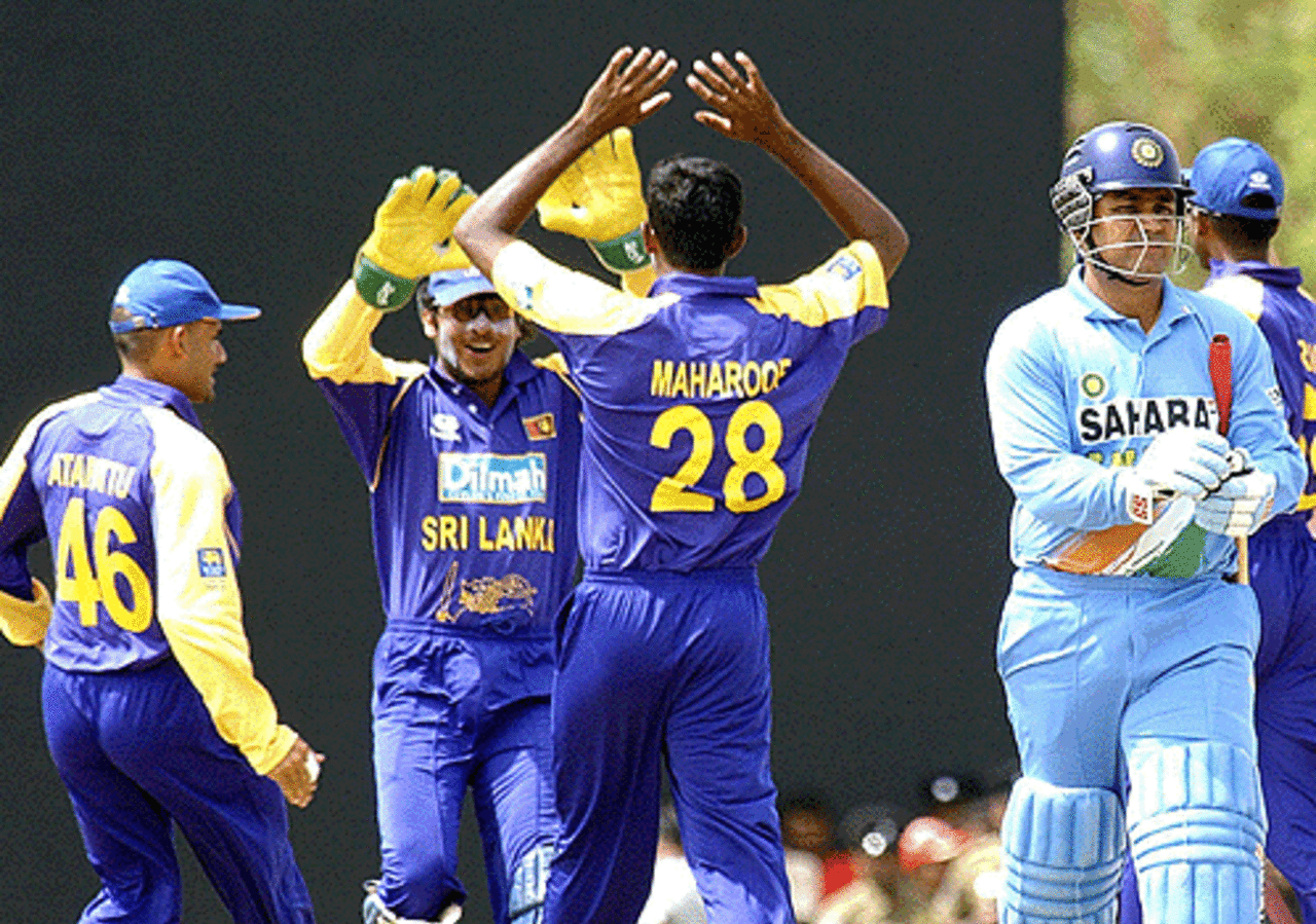 Sri Lanka celebrate after Farveez Maharoof dismissed Virender Sehwag at the Dambulla Cricket Stadium, July 30 2005