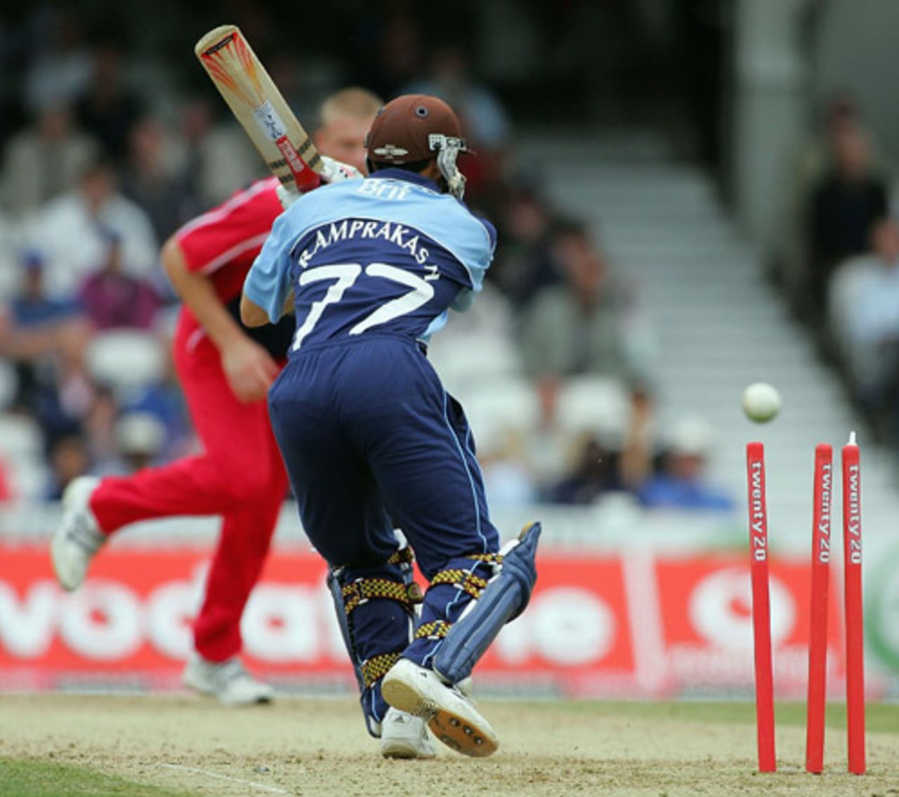 Mark Ramprakash is bowled by Andrew Flintoff to end Surrey's hopes of reaching the 2005 Twenty20 Final, Lancashire v Surrey, The Oval, July 30, 2005