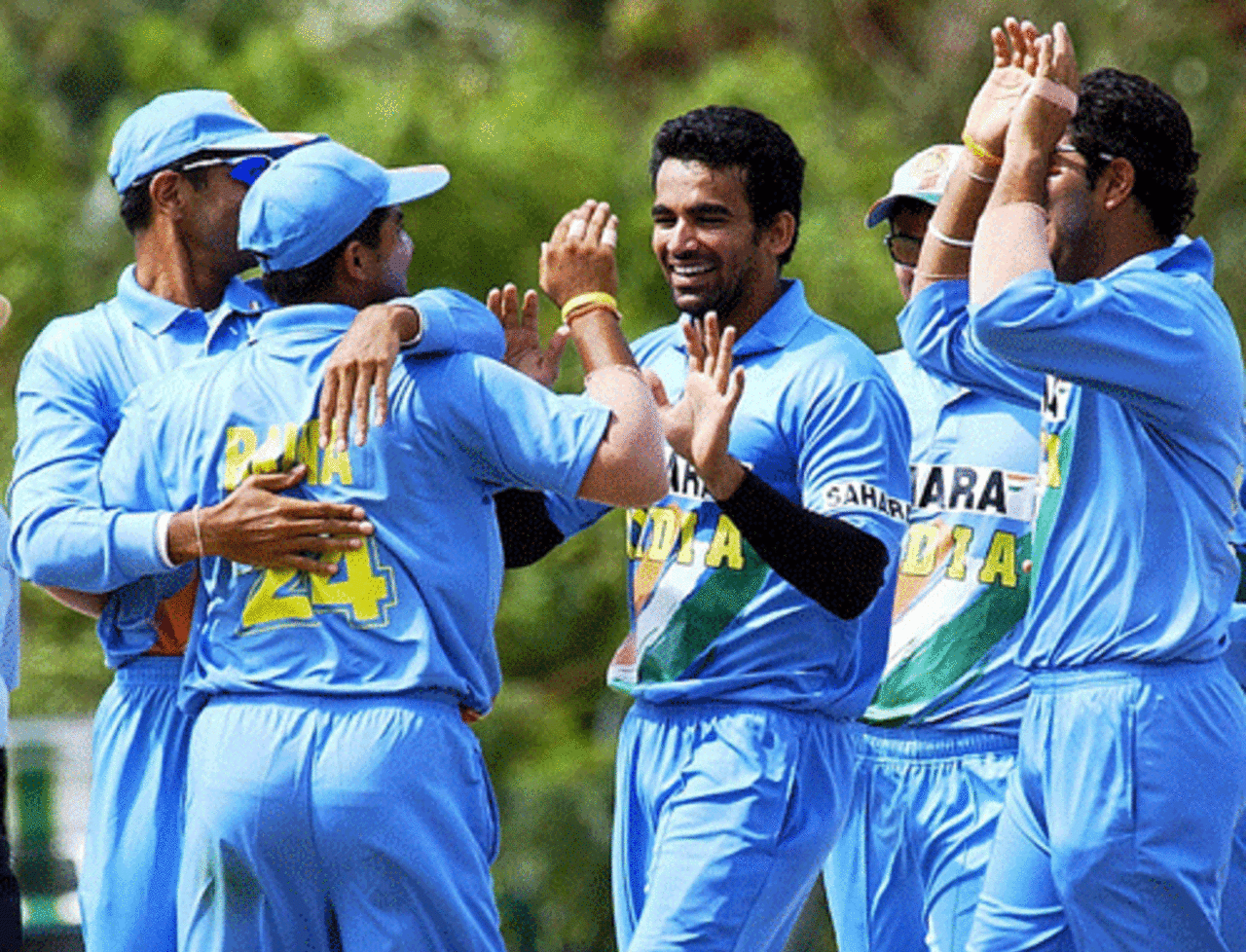 Zaheer Khan celebrates the fall of a West Indian wicket at the Dambulla Cricket Stadium, July 31, 2005
