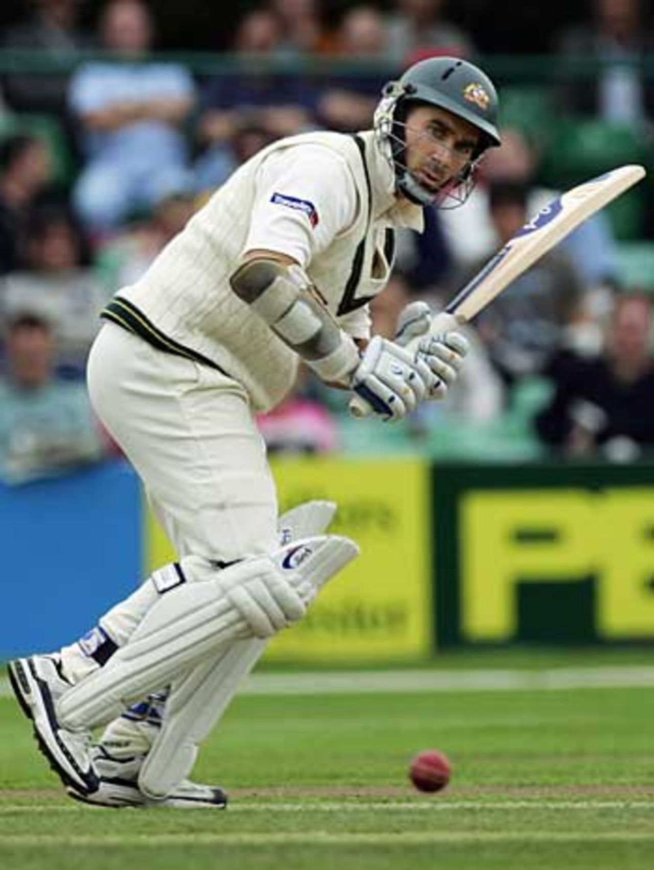 Justin Langer works the ball away during his 54, Worcestershire v Australian XI, New Road, July 31