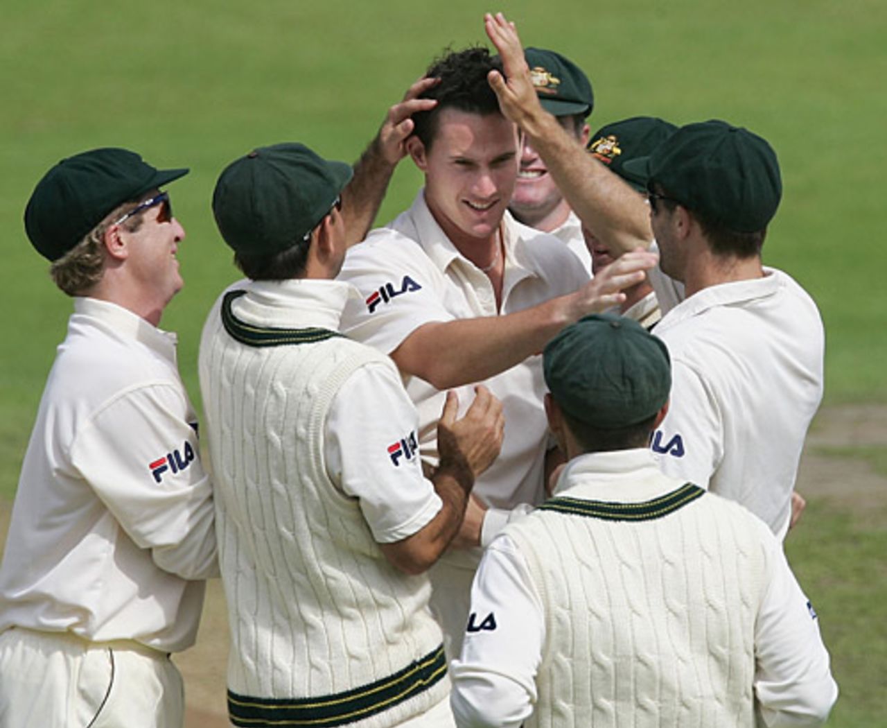 The Australian team congratulate Shaun Tait on taking Stephen Peters' wicket, Worcester v Australia, Worcester, August 1, 2005