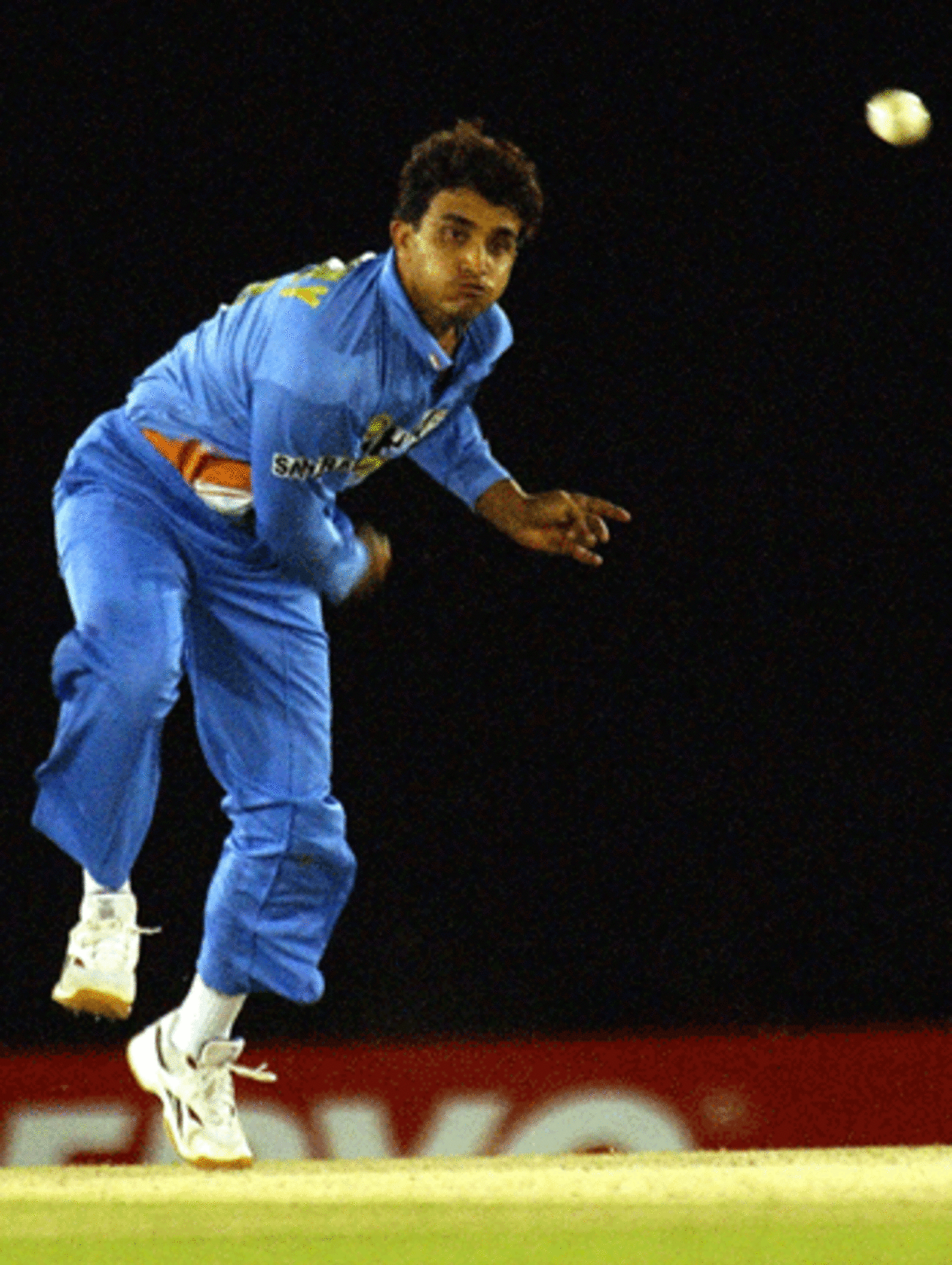Sourav Ganguly bowls against Sri Lanka in the fourth match of the Indian Oil Cup at Dambulla, August 3, 2005
