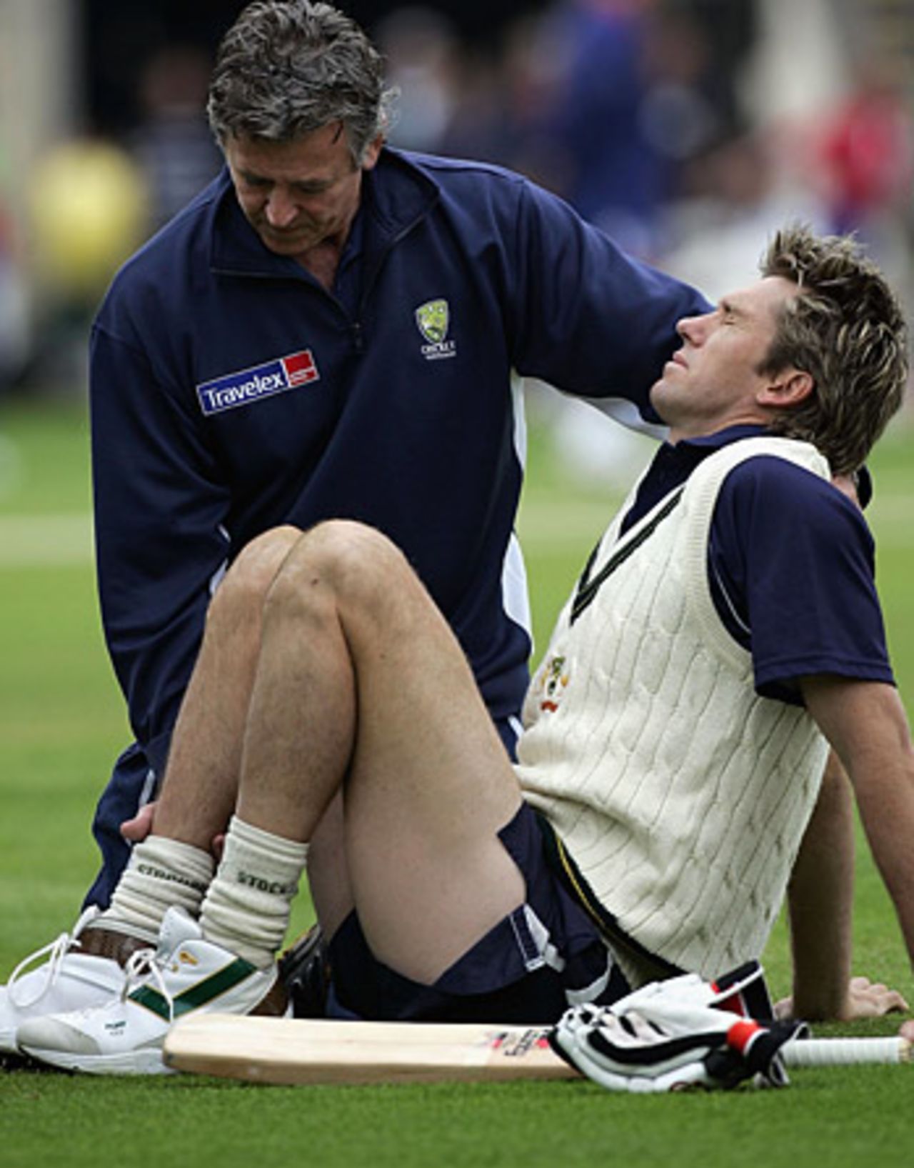 Glenn McGrath in pain after injuring his ankle in a warm-up session, prior to the second Test, England v Australia, Edgbaston, August 4, 2005
