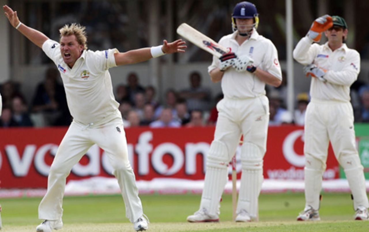 Shane Warne appeals vociferously but unsuccessfully for Andrew Flintoff's wicket, who watches on with Adam Gilchrist, England v Australia, Edgbaston, August 4, 2005