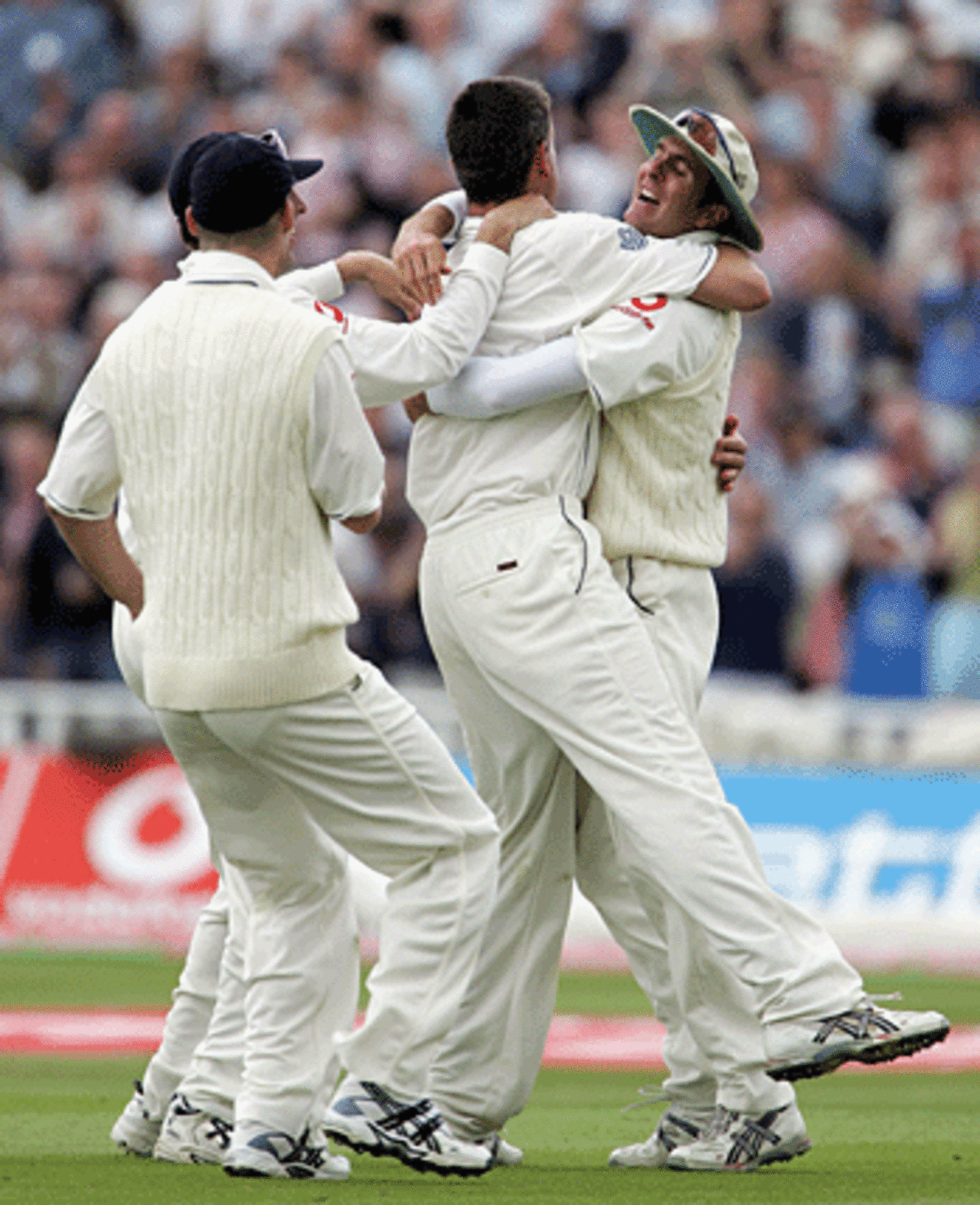 Michael Vaughan hugs Ashely Giles after Ricky Ponting's wicket, England v Australia, second Test, Edgbaston, August 5, 2005