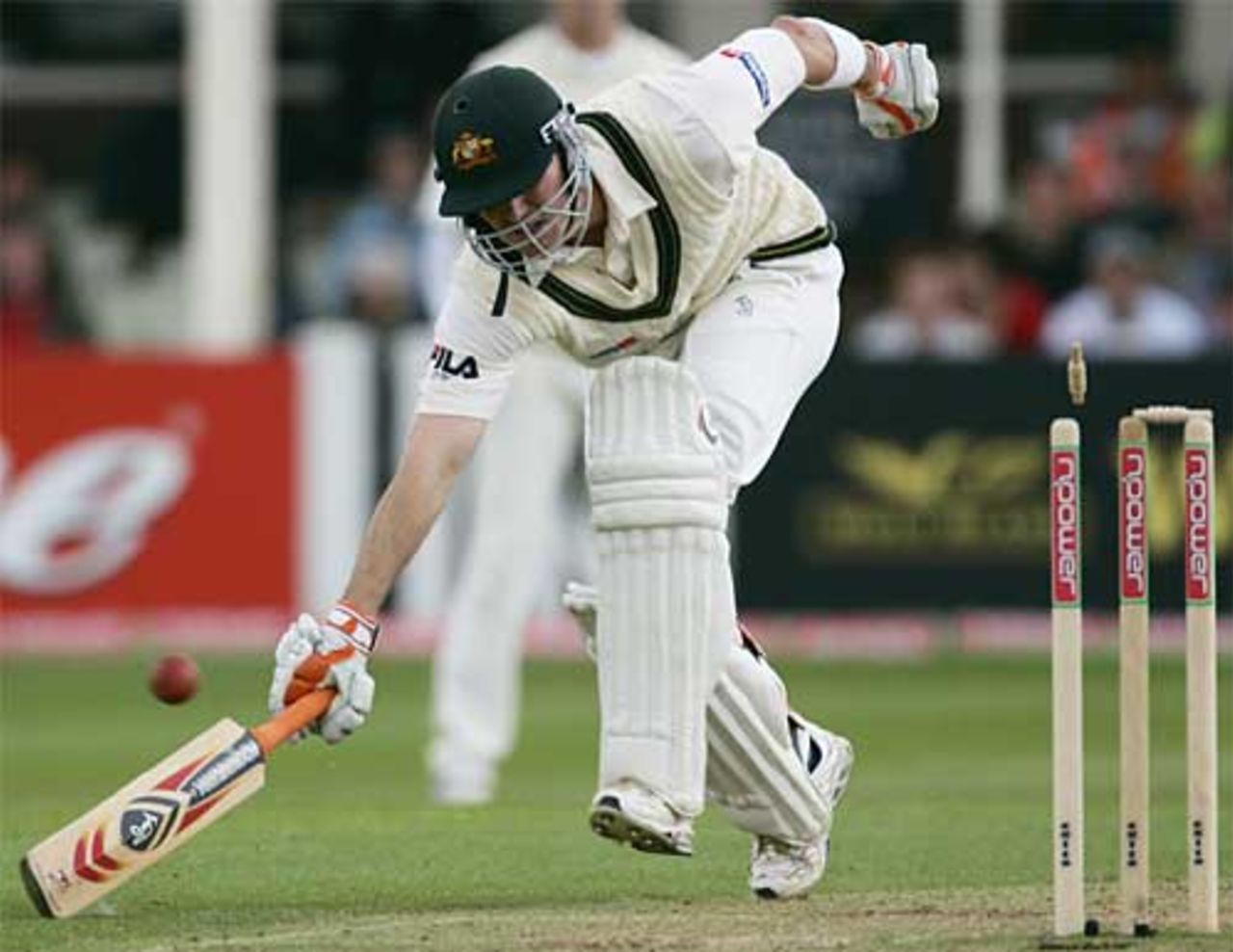 Damien Martyn stretches but is run out by Michael Vaughan's throw, England v Australia, 2nd Test, Edgbaston, August 5, 2005
