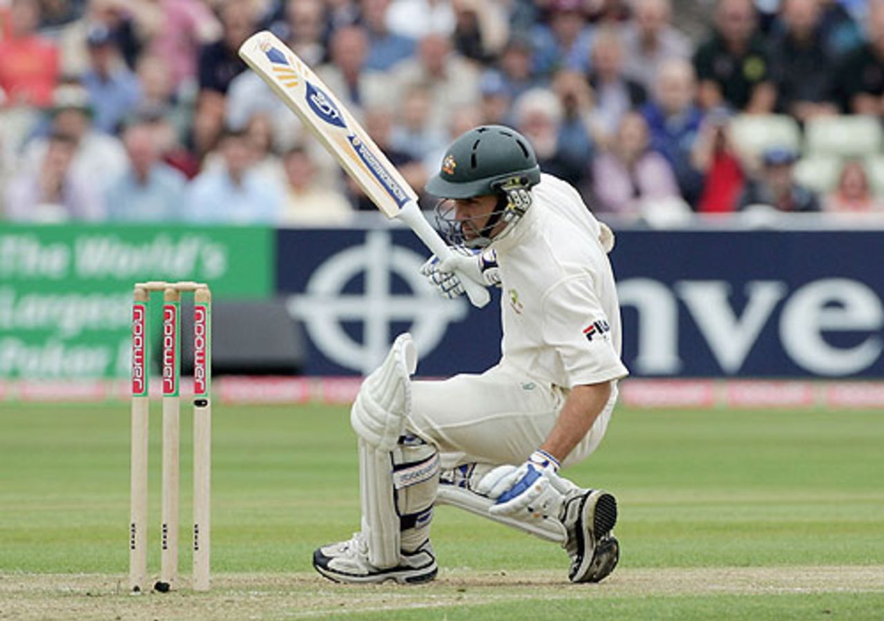 Justin Langer sinks to his knees after receiving a blow from Steve Harmison, England v Australia, 2nd Test, Edgbaston, August 5, 2005