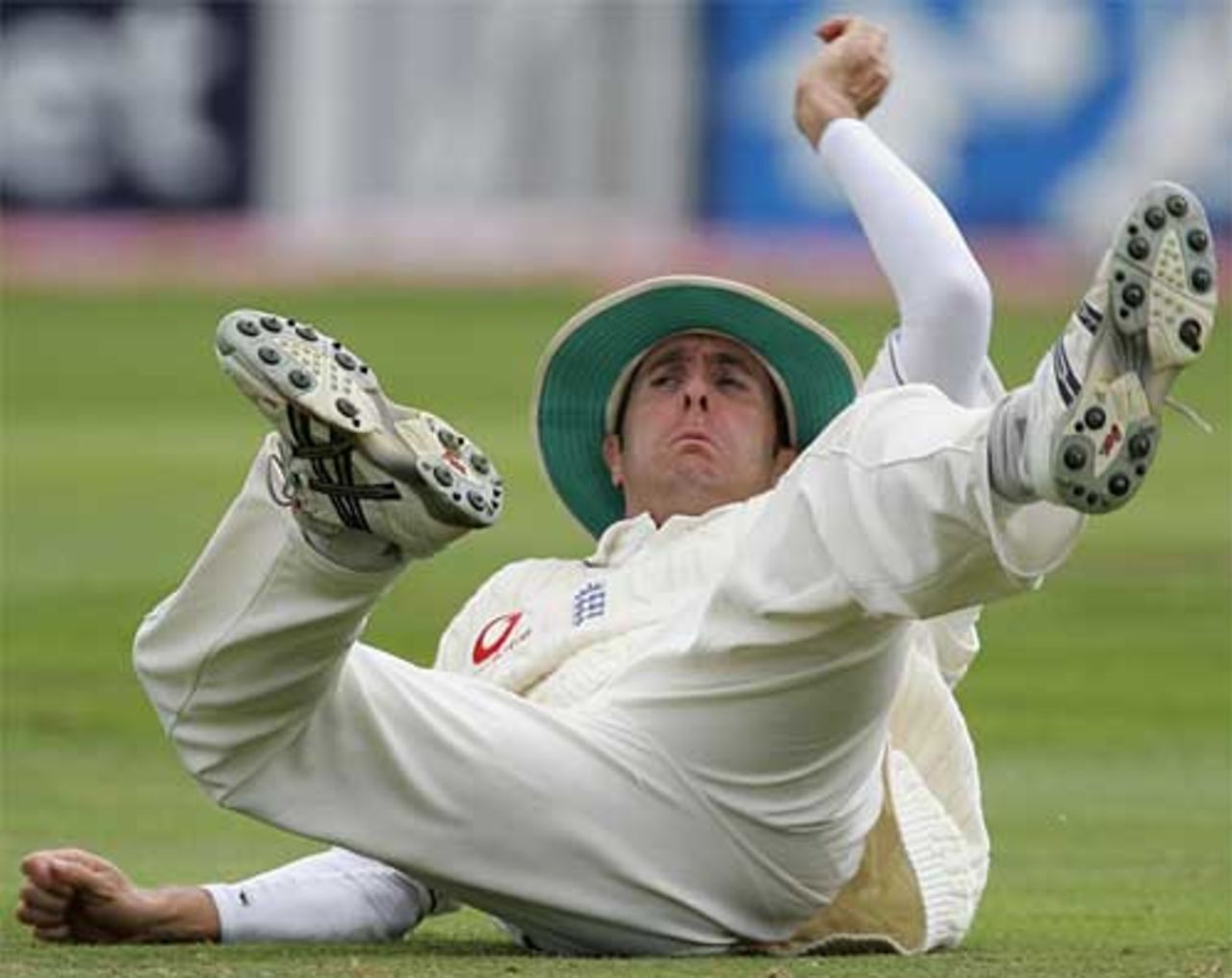 Michael Vaughan rolls over as he fields, England v Australia, 2nd Test, Edgbaston, August 5, 2005