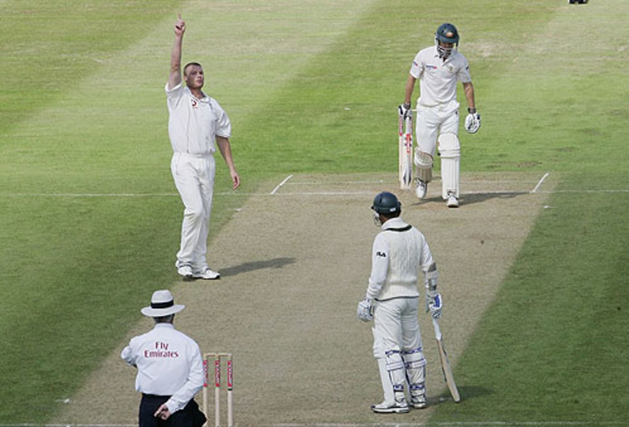 Andrew Flintoff celebrates the dismissal of Simon Katich, England v Australia, 2nd Test, Edgbaston, August 5, 2005