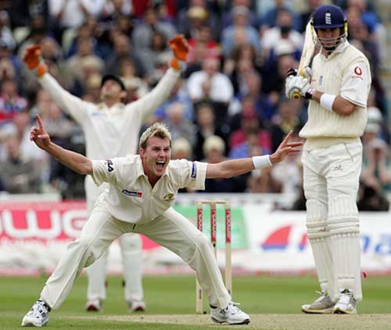 Brett Lee appeals first ball against Kevin Pietersen, England v Australia, 2nd Test, Edgbaston, August 6