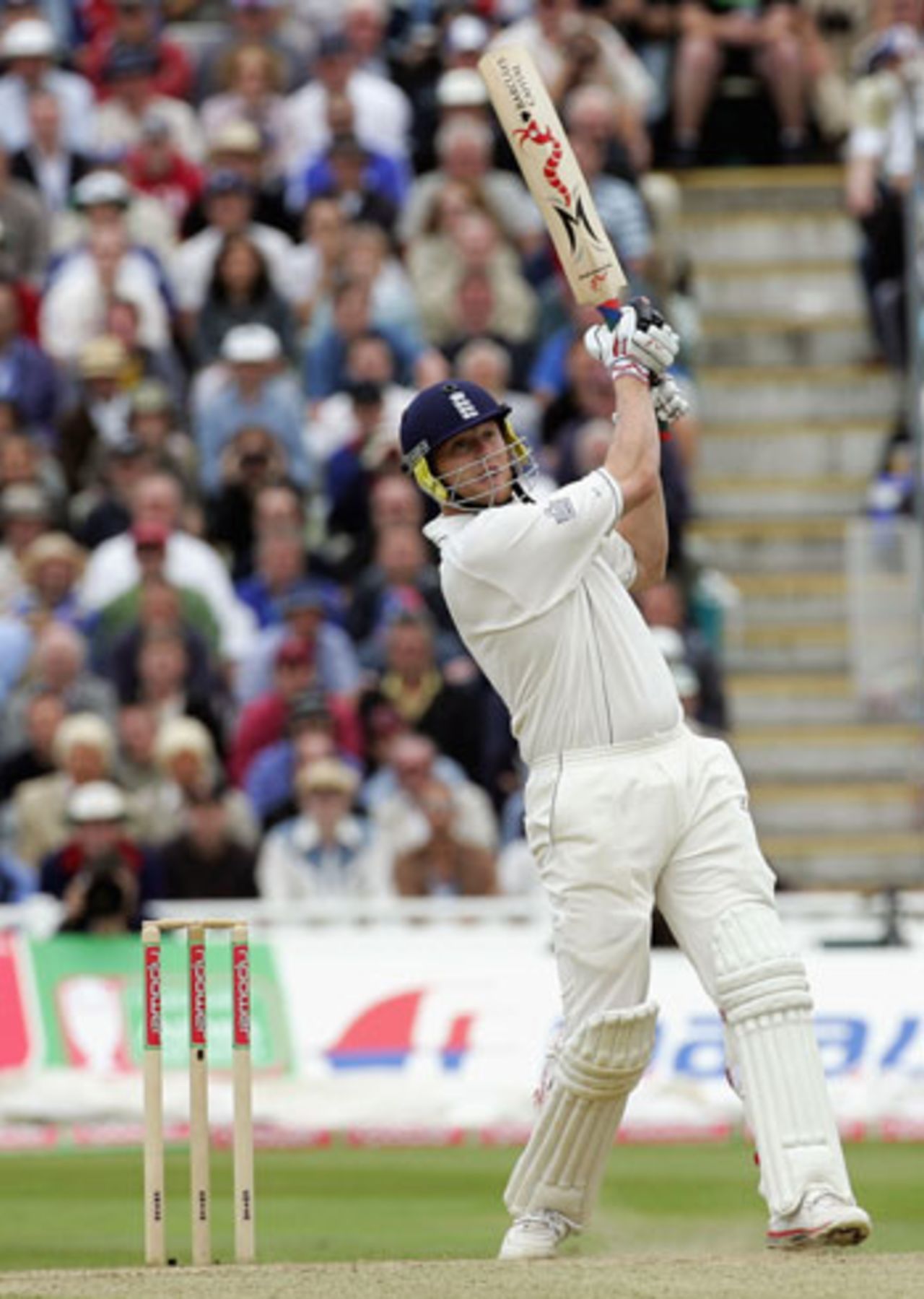 Andrew Flintoff launches Brett Lee for a massive six, England v Australia, Edgbaston, August 6, 2005