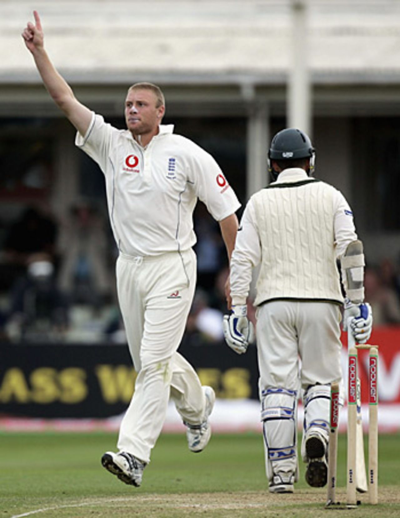 Flintoff bowls Justin Langer, England v Australia, Edgbaston, August 6, 2005