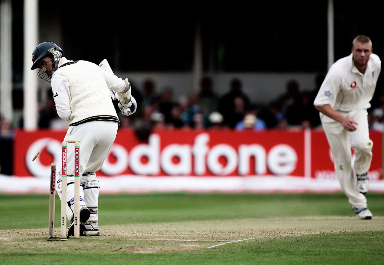 Andrew Flintoff bowls Justin Langer, England v Australia, Edgbaston, August 6, 2005