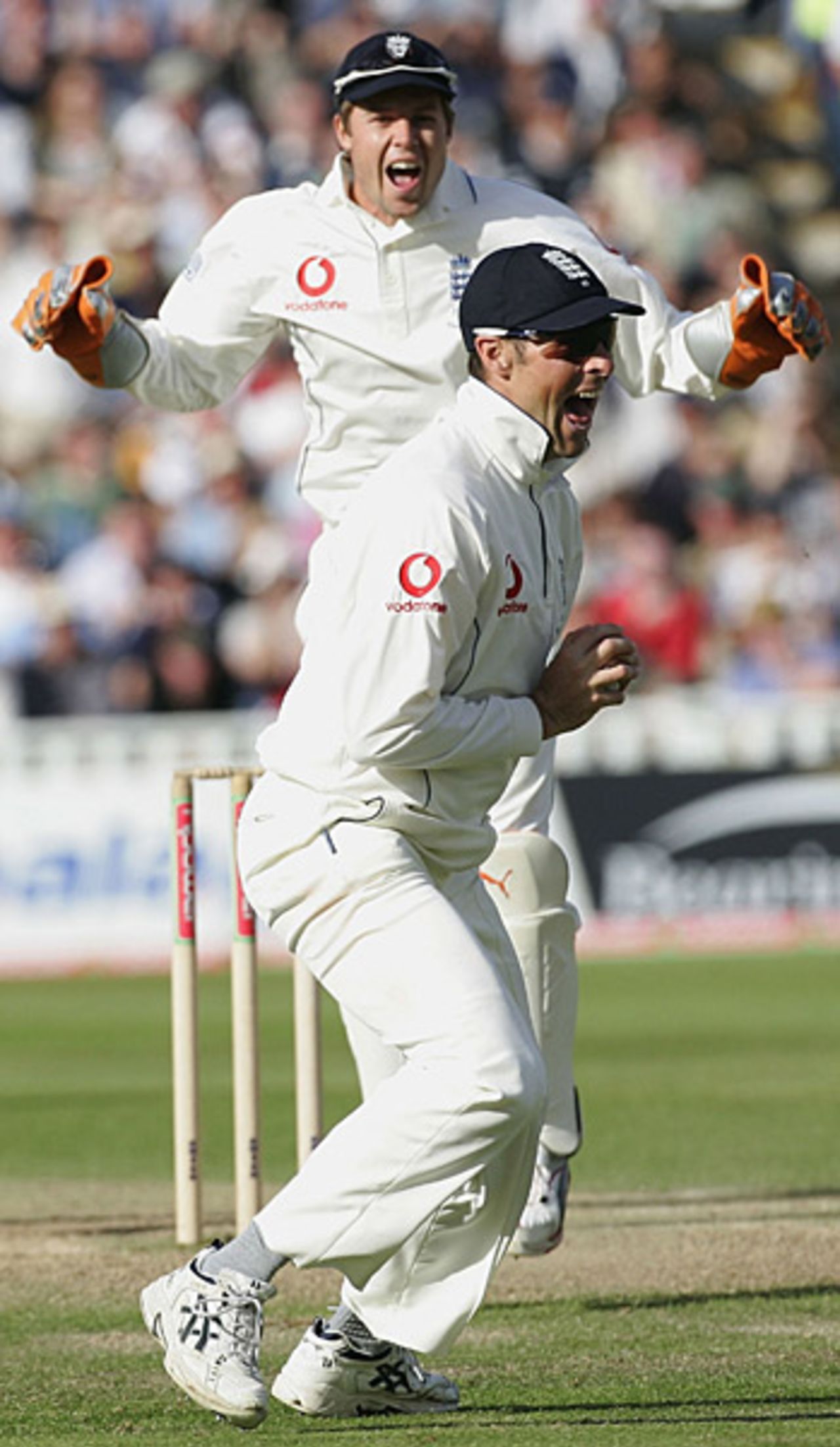 Marcus Trescothick catches Simon Katich, watched by a jubilant Geraint Jones, England v Australia, Edgbaston, August 6, 2005