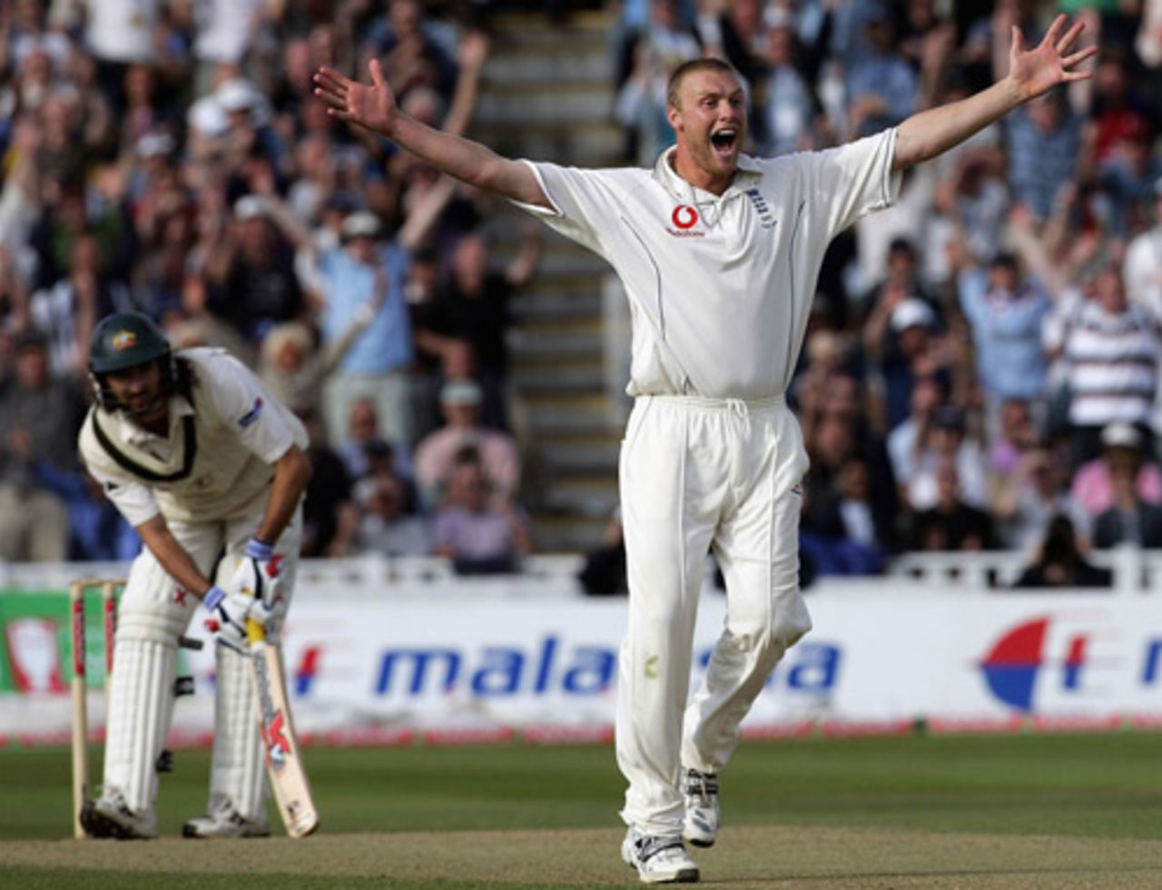 Andrew Flintoff traps Jason Gillespie LBW with a vicious yorker, England v Australia, Edgbaston, August 6, 2005