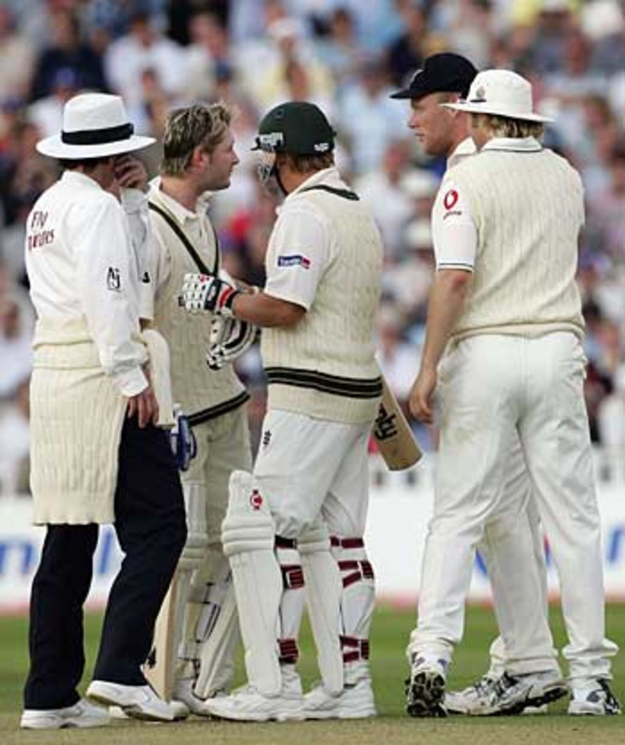 Michael Clarke and Andrew Flintoff come face to face as Billy Bowden steps in to calm the situation, England v Australia, 2nd Test, Edgbaston, August 6
