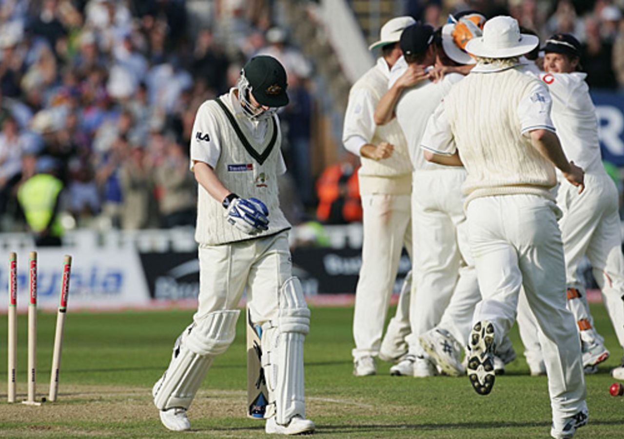 England are jubilant after dismissing Michael Clarke in the last over of the day, England v Australia, Edgbaston, August 6, 2005