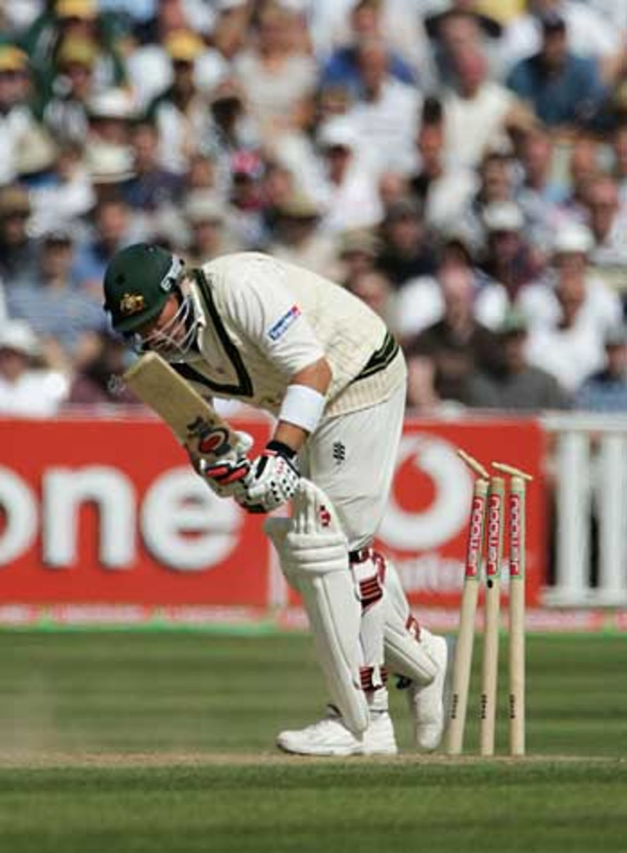 Shane Warne treads on his stumps against Andrew Flintoff, England v Australia, 2nd Test, Edgbaston, August 7