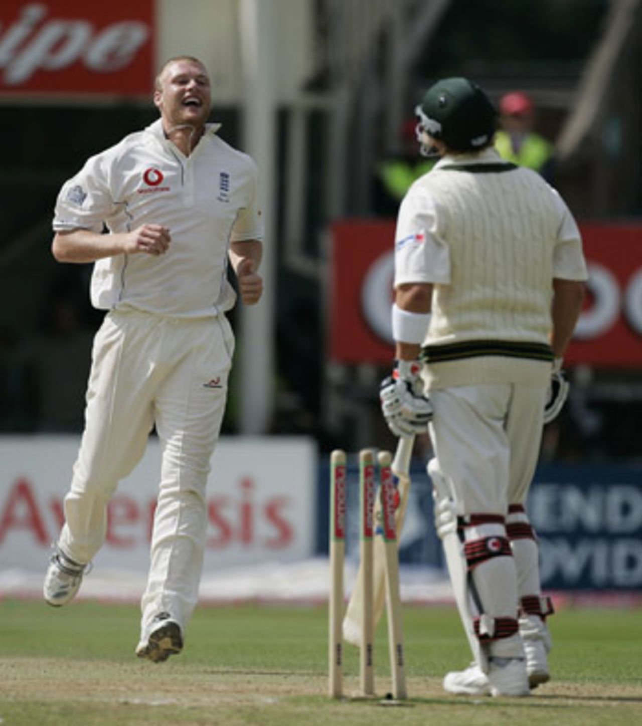 Andrew Flintoff smiles as Shane Warne treads on his stumps, England v Australia, Edgbaston, August 7, 2005