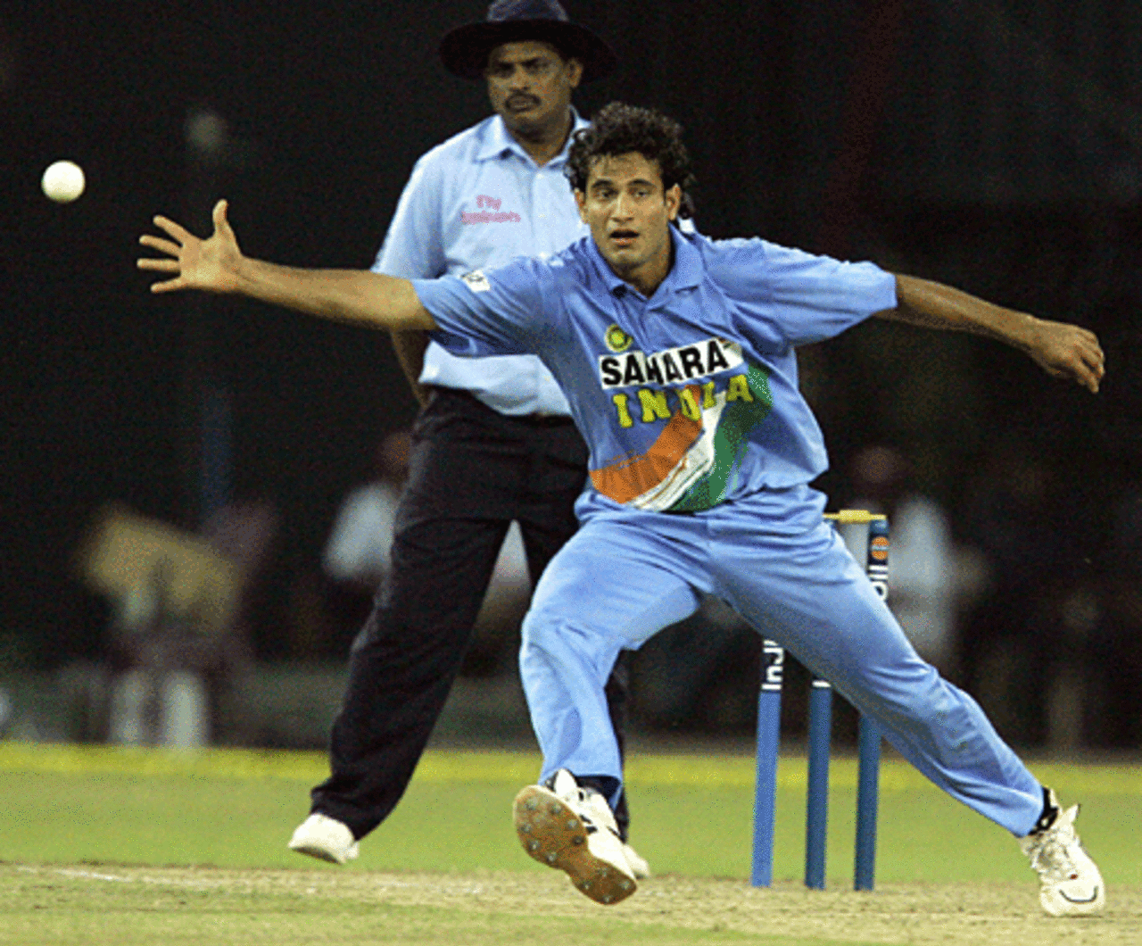 Irfan Pathan fields off his own bowling, India v West Indies, Premadasa Stadium, August 7, 2005
