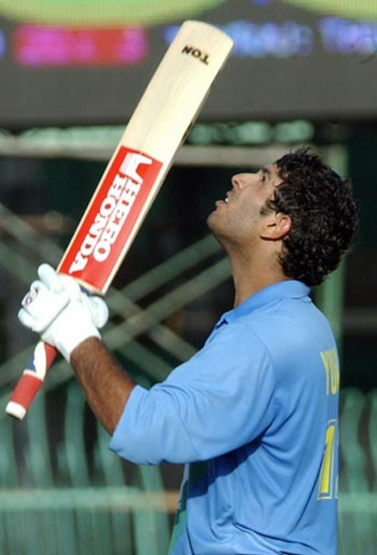 Yuvraj Singh looks heavenward after getting his hundred, India v West Indies, Premadasa Stadium, August 7, 2005