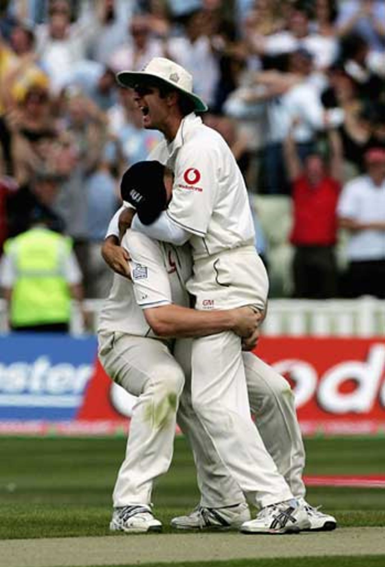 Michael Vaughan and Andrew Flintoff embrace, England v Australia, 2nd Test, Edgbaston, August 7, 2005