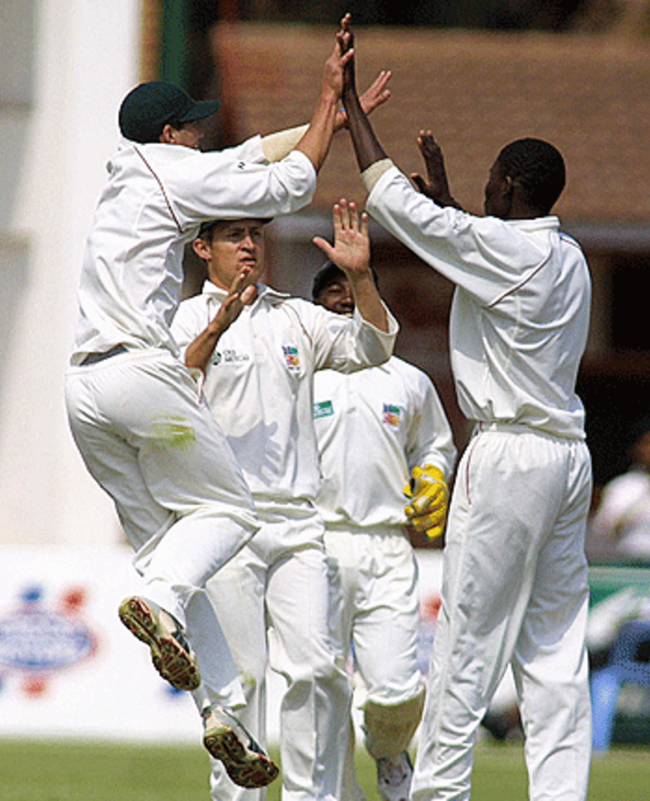 Chris Mpofu celebrates with his teammates the wicket of Hamish Marshall, Zimbabwe v New Zealand, first Test, Harare, August 8, 2005