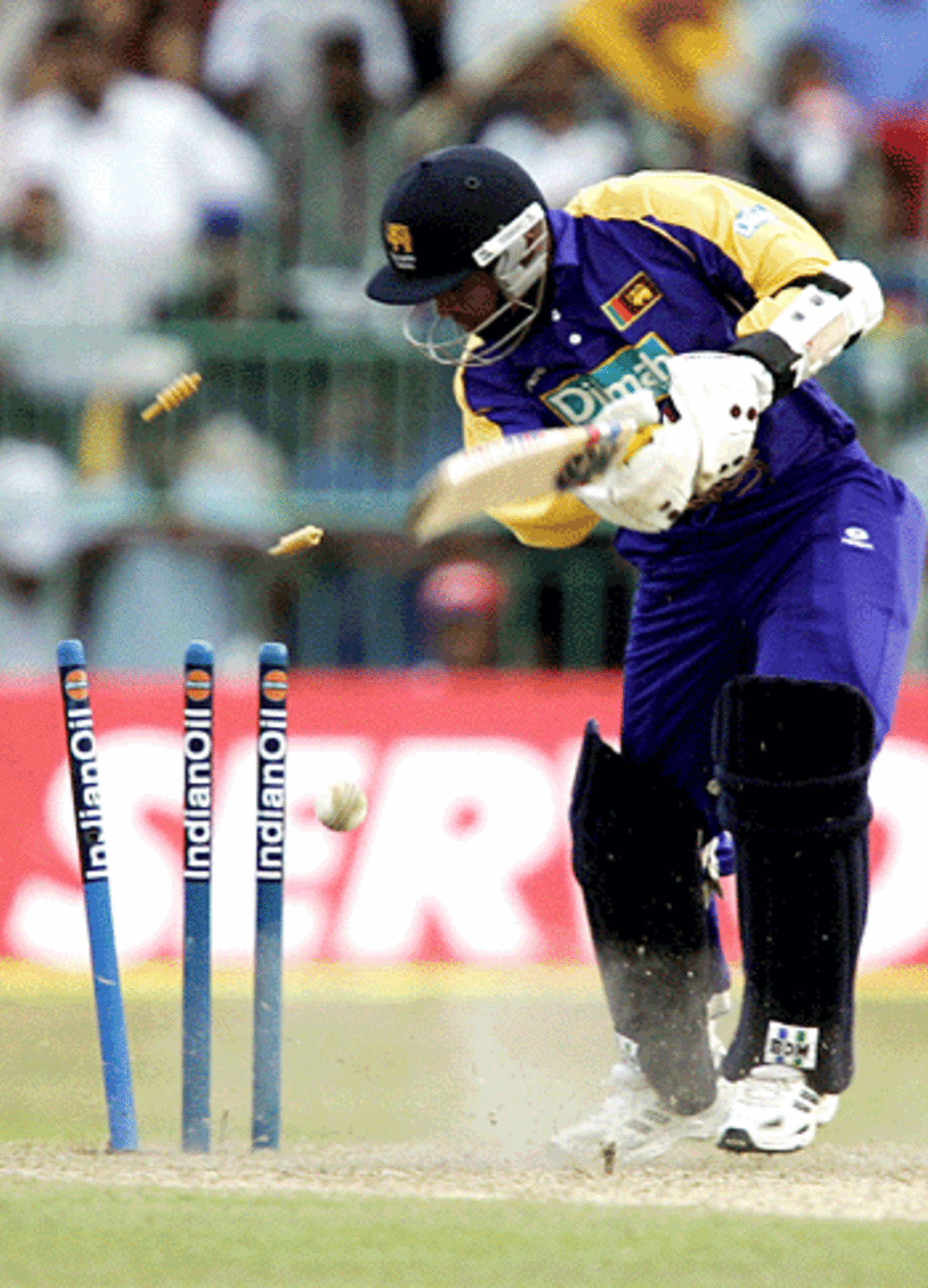 Tillakaratne Dilshan sees his stumps rattled, India v Sri Lanka, Premadasa Stadium, August 9, 2005