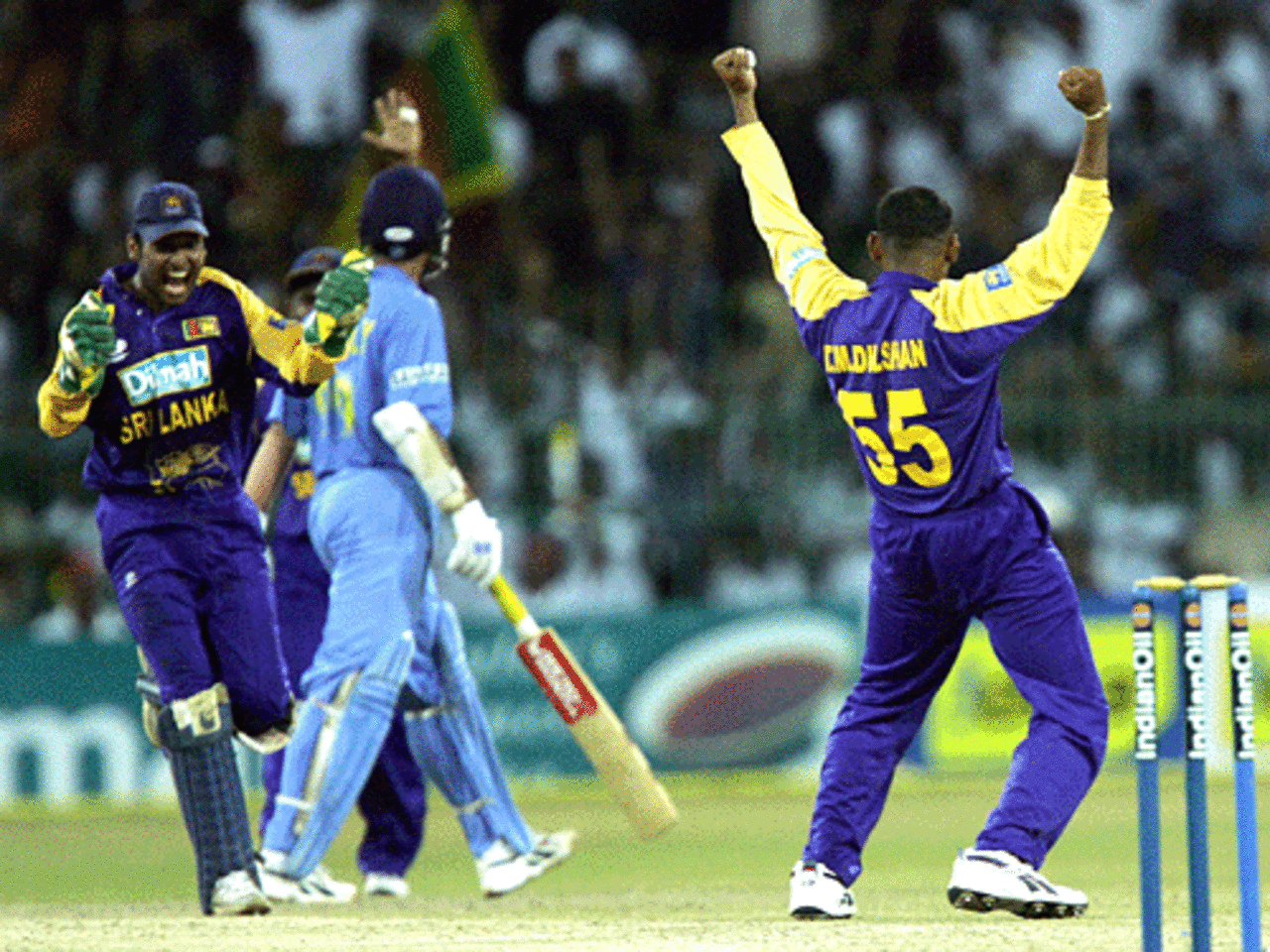 Tillakaratne Dilshan and Kumar Sangakkara celebrate after Sourav Ganguly is given lbw, India v Sri Lanka, Premadasa Stadium, August 9, 2005