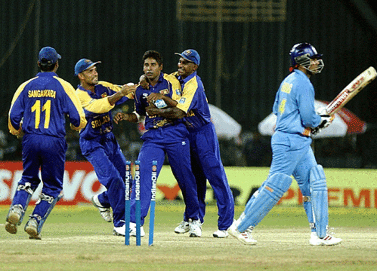 Chaminda Vass is mobbed after bowling Virender Sehwag, India v Sri Lanka, Premadasa Stadium, August 9, 2005