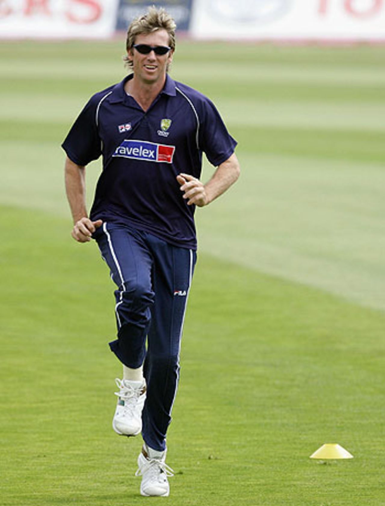 Glenn McGrath goes through his paces at Old Trafford, August 10, 2005