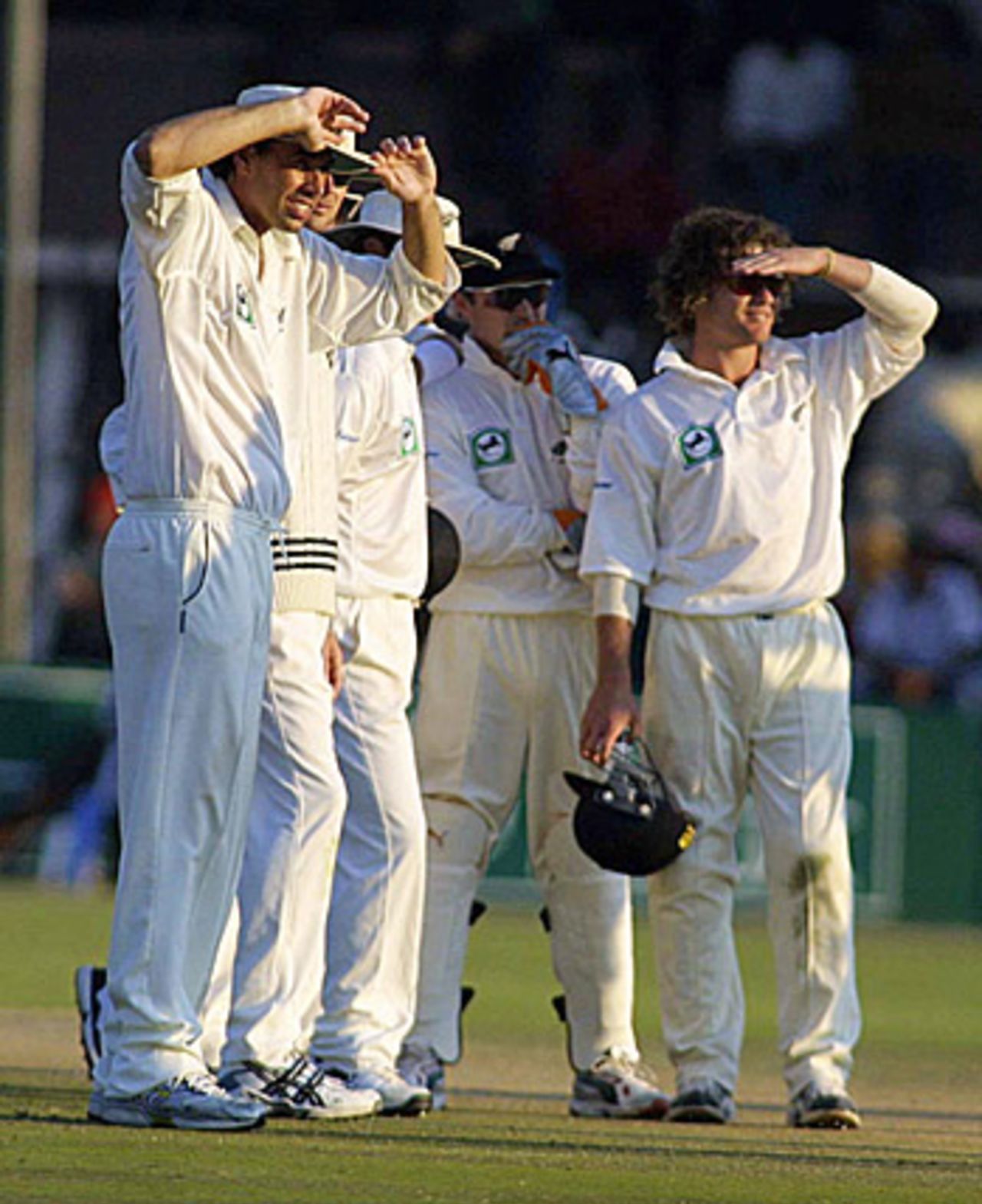 New Zealand fielders wait for the third umpire's decision, Zimbabwe v New Zealand, 1st Test, Harare, August 8, 2005