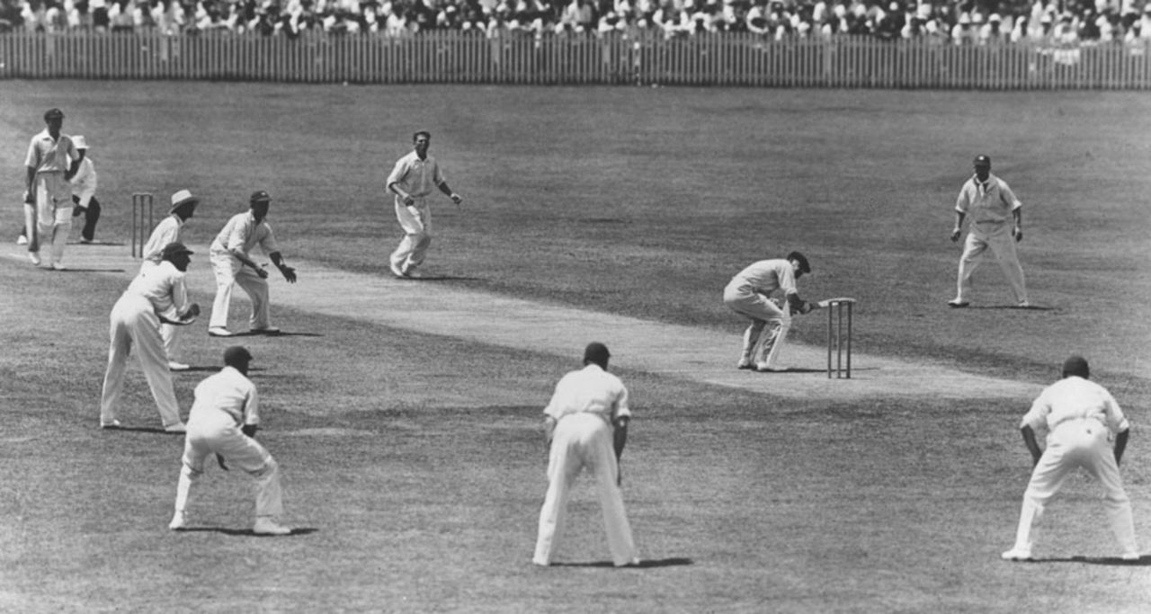Bill Woodfull ducks a ball from Harold Larwood in a classic image from the Bodyline series, 3rd Test, Adelaide, January 16, 1933