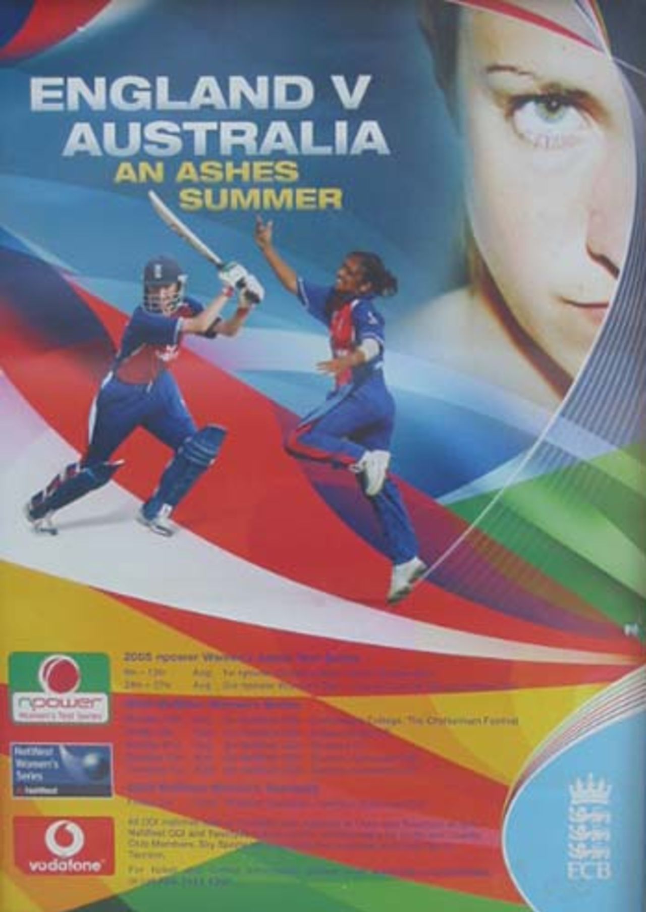 Poster advertising  the Women's Ashes series, England v Australia, 1st women's Test, Hove, August 9, 2005