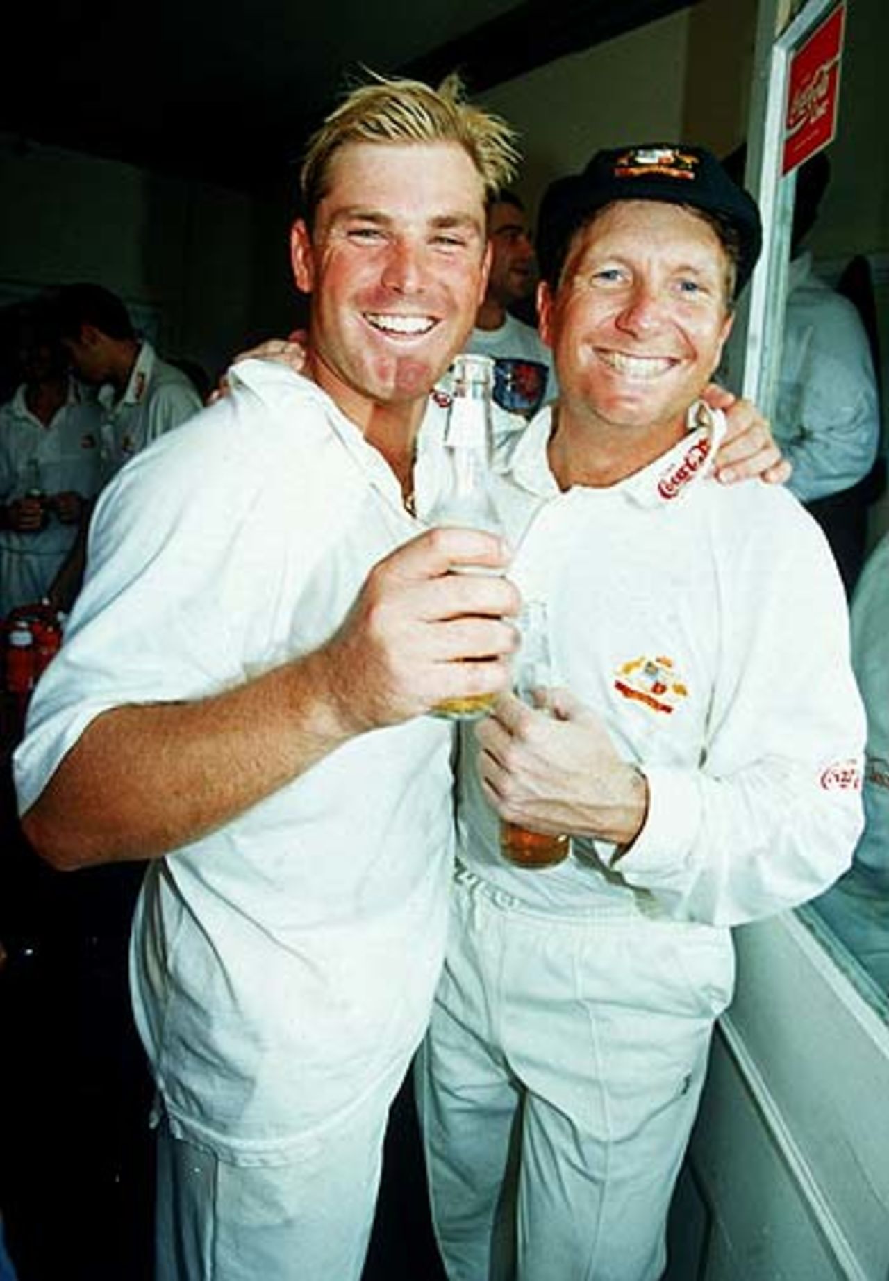 Shane Warne and Ian Healy celebrate another Test win, England v Australia, Trent Bridge, July 10, 1997