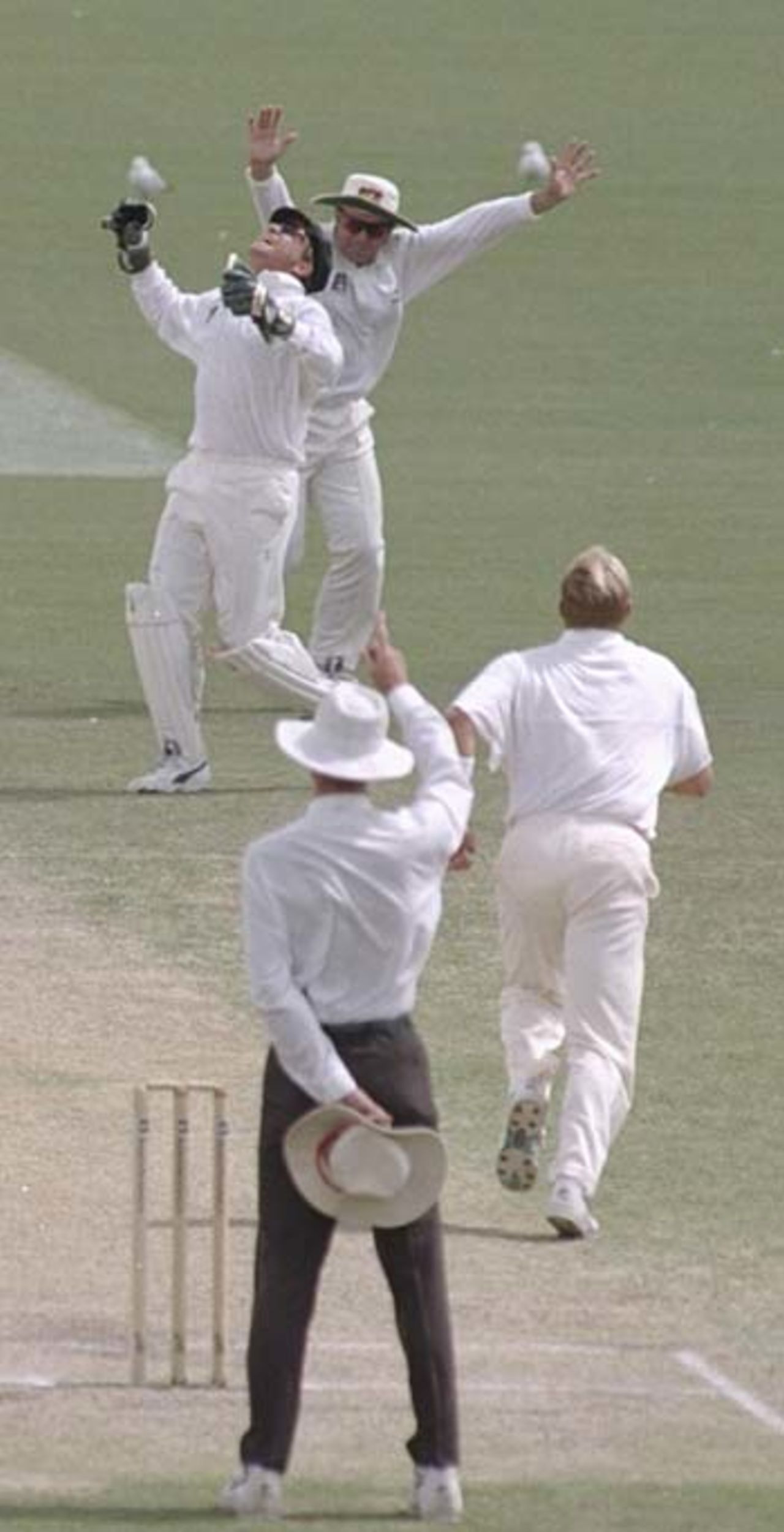 Shane Warne and Ian Healy celebrate the dismissal of Brian Lara, Australia v West Indies, Adelaide, January 29 1997