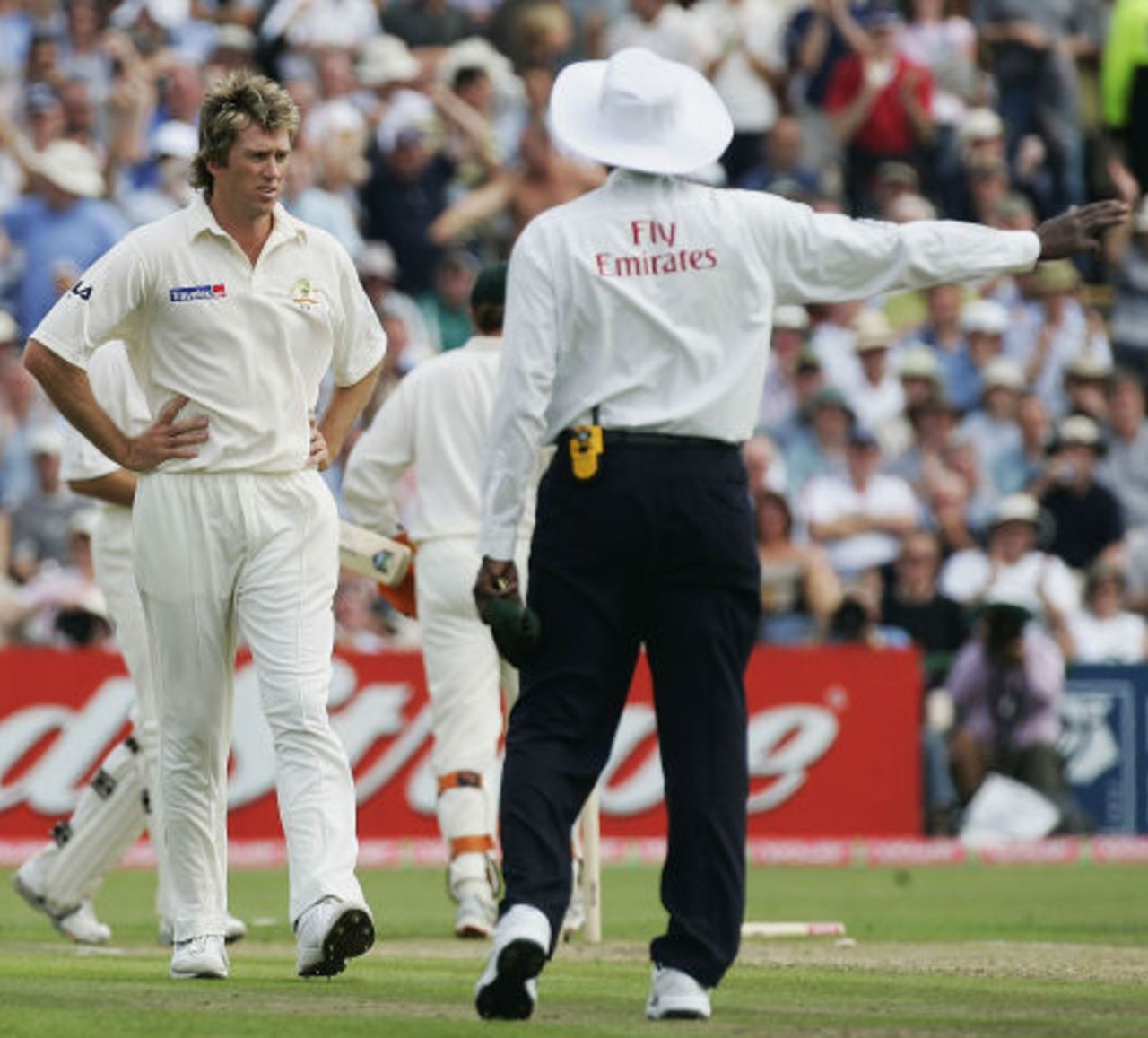 A rare but crucial no-ball from Glenn McGrath, as he bowled Michael Vaughan only to see Steve Bucknor raise his arm, England v Australia, Old Trafford, August 11, 2005