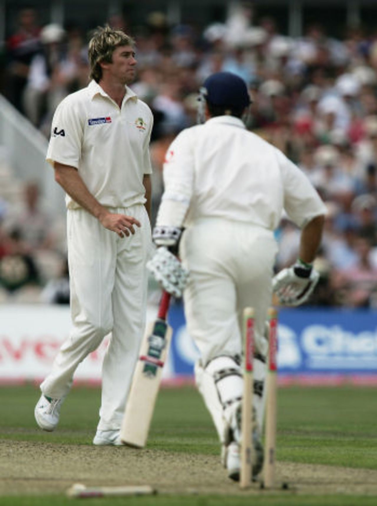 Michael Vaughan is bowled by Glenn McGrath...off a no-ball, England v Australia, Old Trafford, August 11, 2005