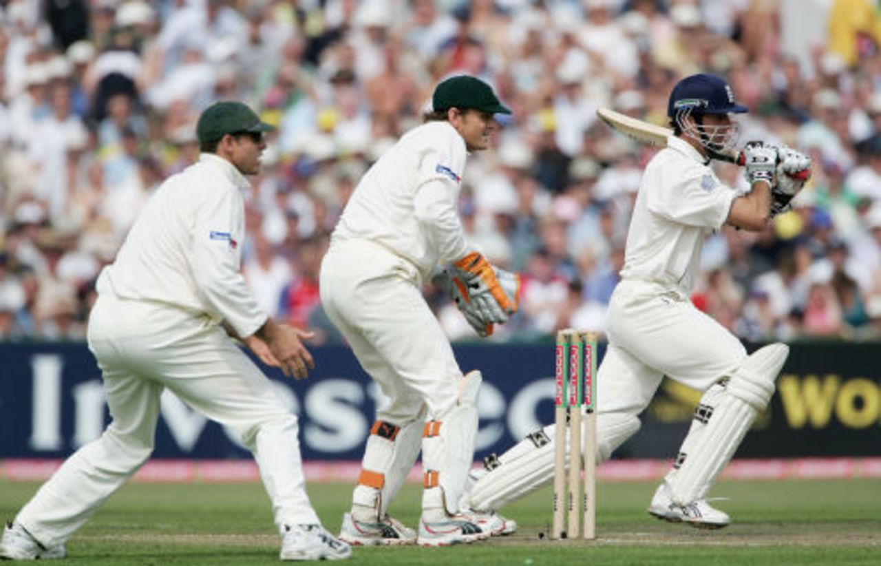 Michael Vaughan cuts on his way to a hundred against Australia, England v Australia, Old Trafford, August 11, 2005