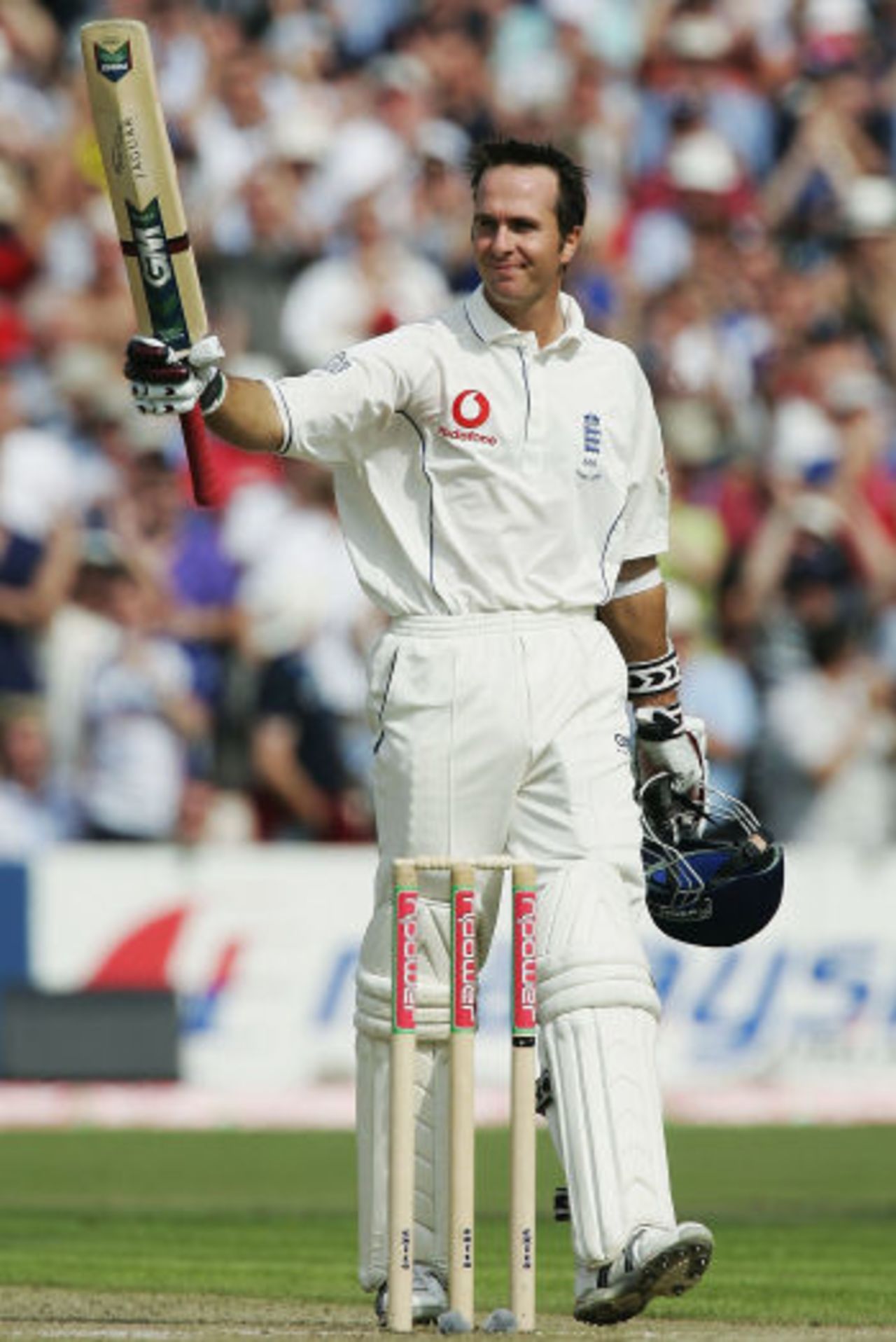 Michael Vaughan raises his bat, England v Australia, Old Trafford, August 11, 2005