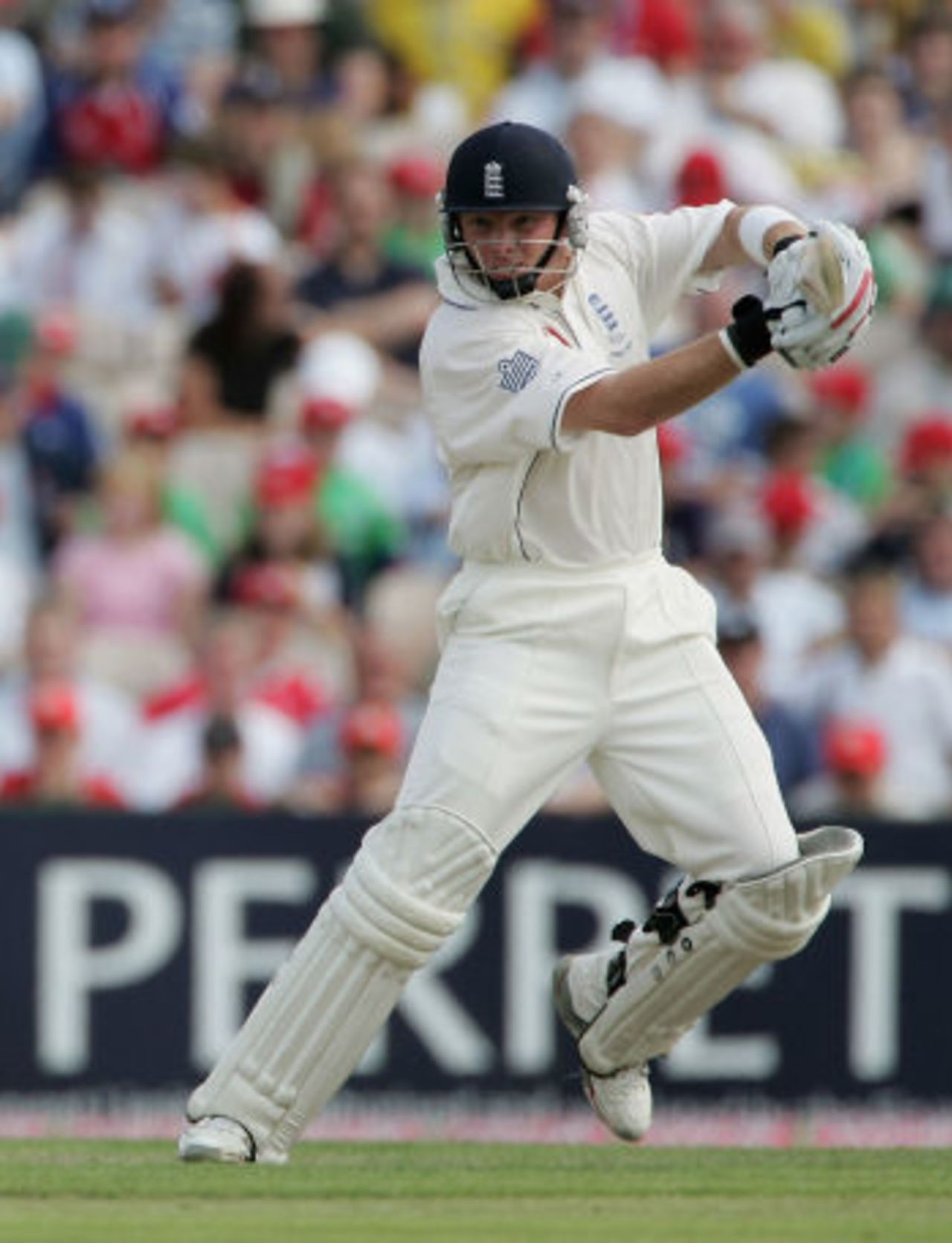 Ian Bell cuts during his patient innings against Australia, England v Australia, Old Trafford, August 11, 2005