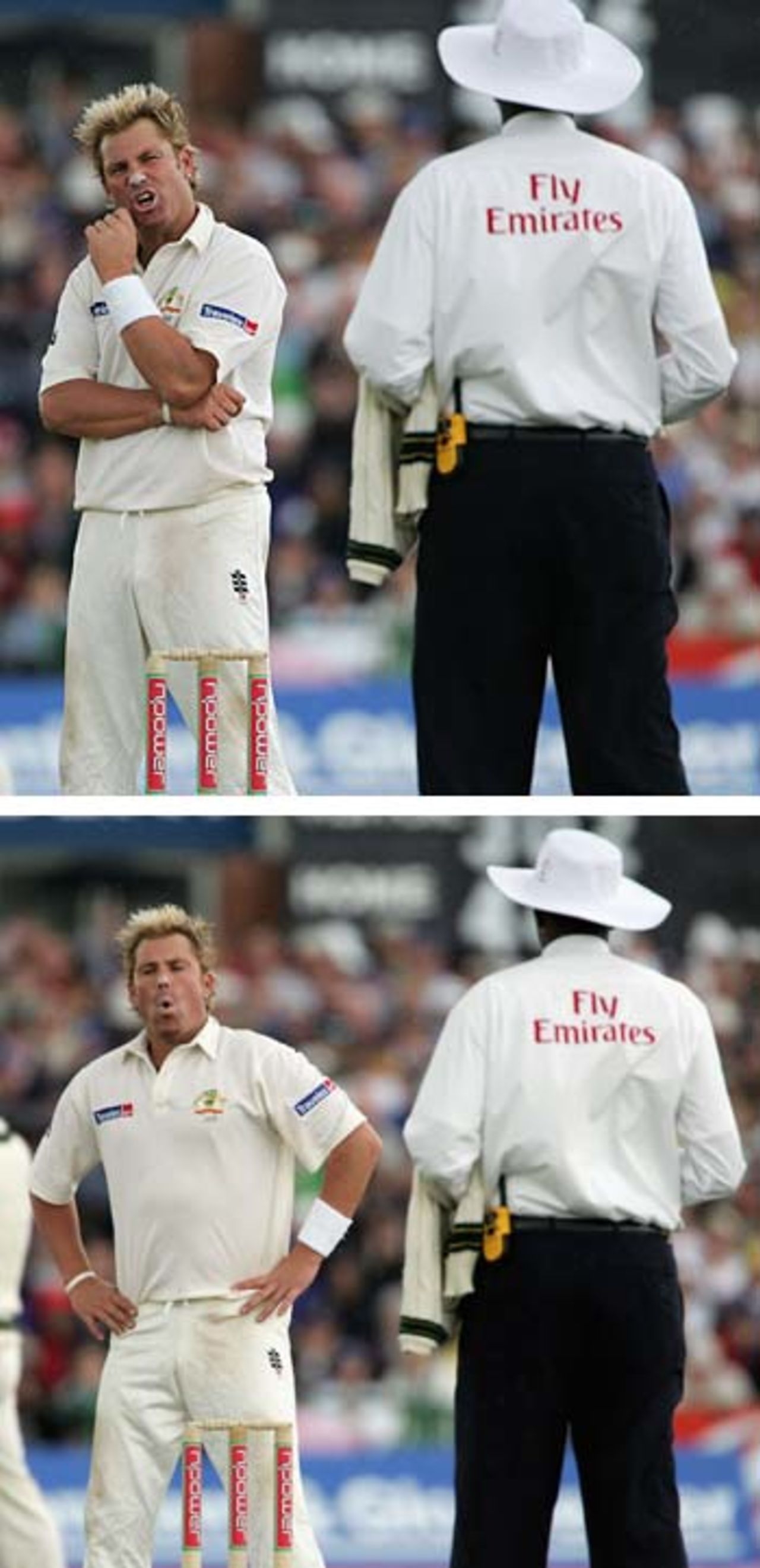 Shane Warne exchanges views with Steve Bucknor, England v Australia, 3rd Test, Old Trafford, August 14, 2005