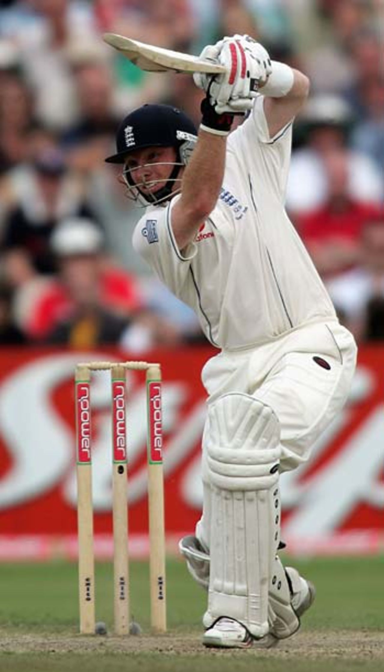 Ian Bell drives on his way to his second half century of the match, England v Australia, 3rd Test, Old Trafford, August 14, 2005