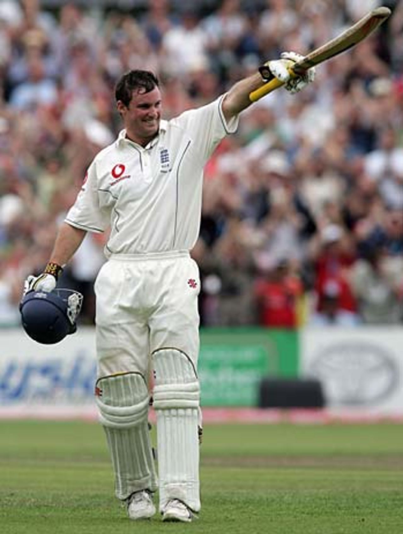 A delighted Andrew Strauss reaches his first hundred of the summer, England v Australia, 3rd Test, Old Trafford, August 14, 2005