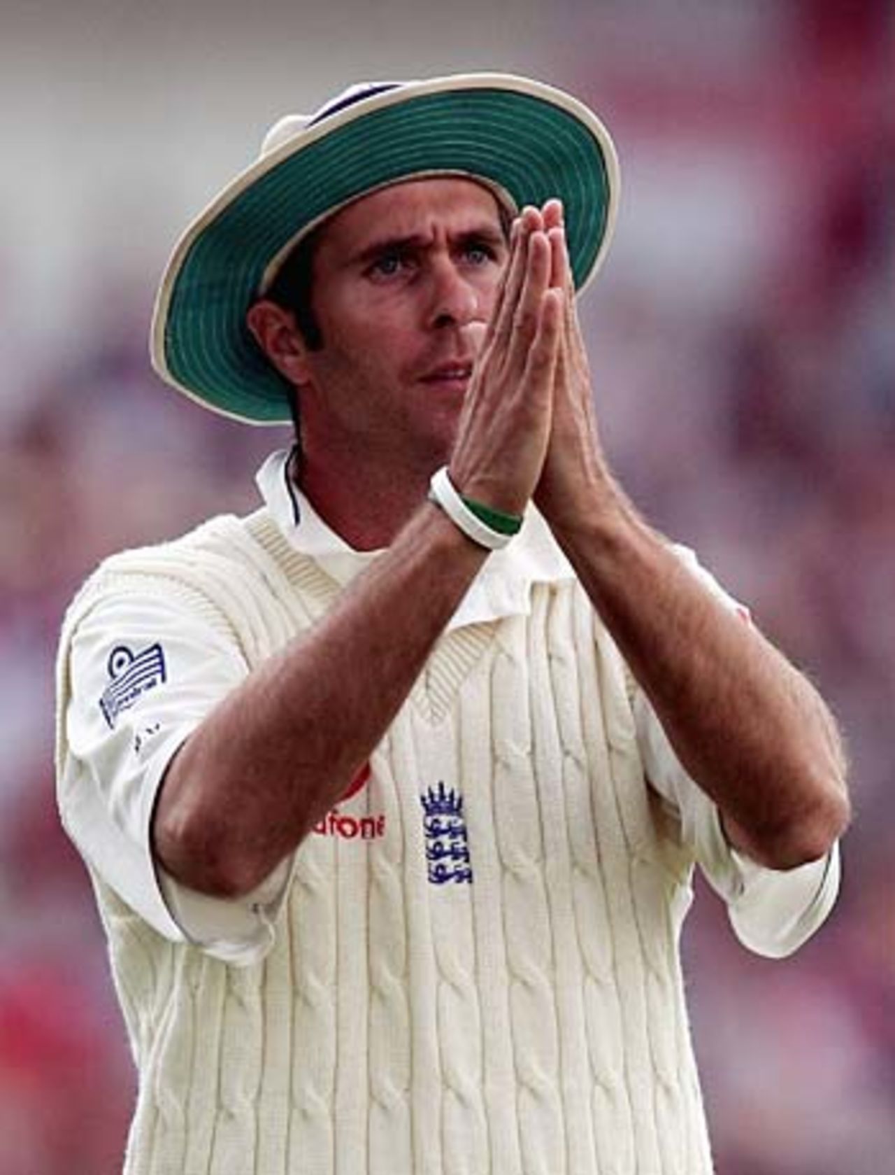 Michael Vaughan seeks help from a higher authority, England v Australia, 3rd Test, Old Trafford, August 14, 2005