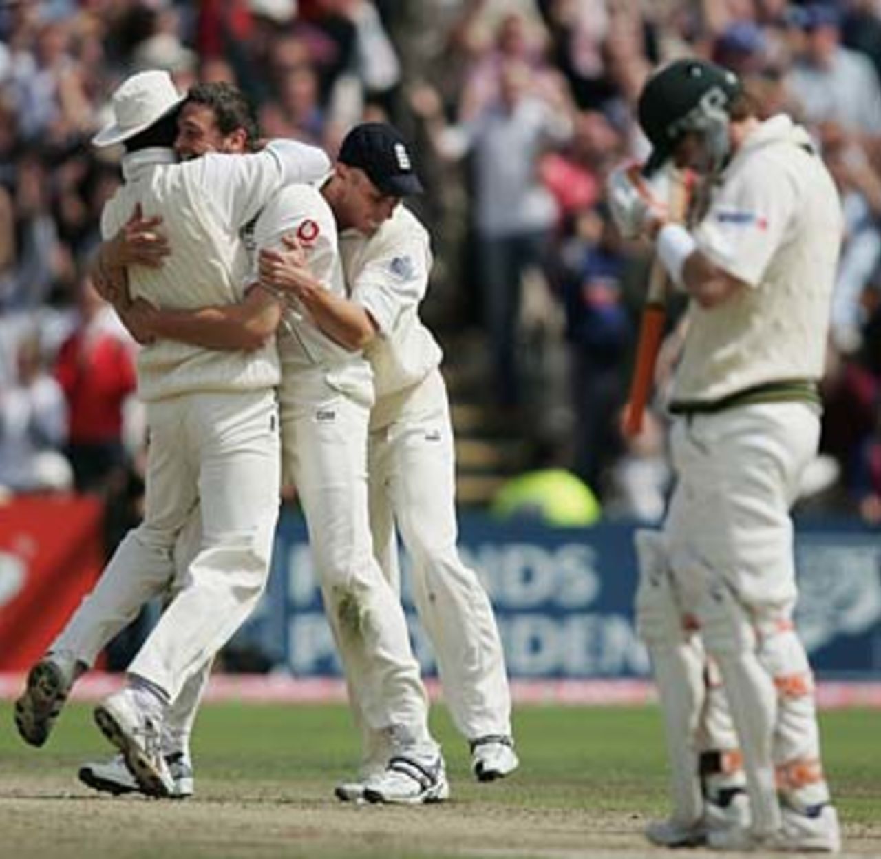 Damien Martyn is astounded as England celebrate his controversial lbw, England v Australia, 3rd Test, Old Trafford, August 15, 2005