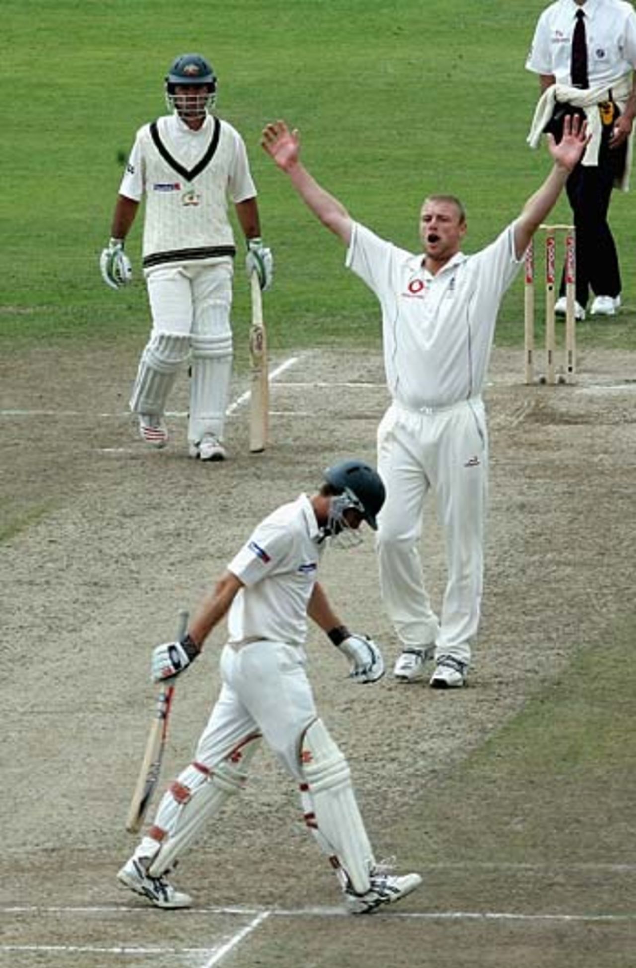 Andrew Flintoff celebrates as Simon Katich departs, England v Australia, 3rd Test, Old Trafford, August 15, 2005