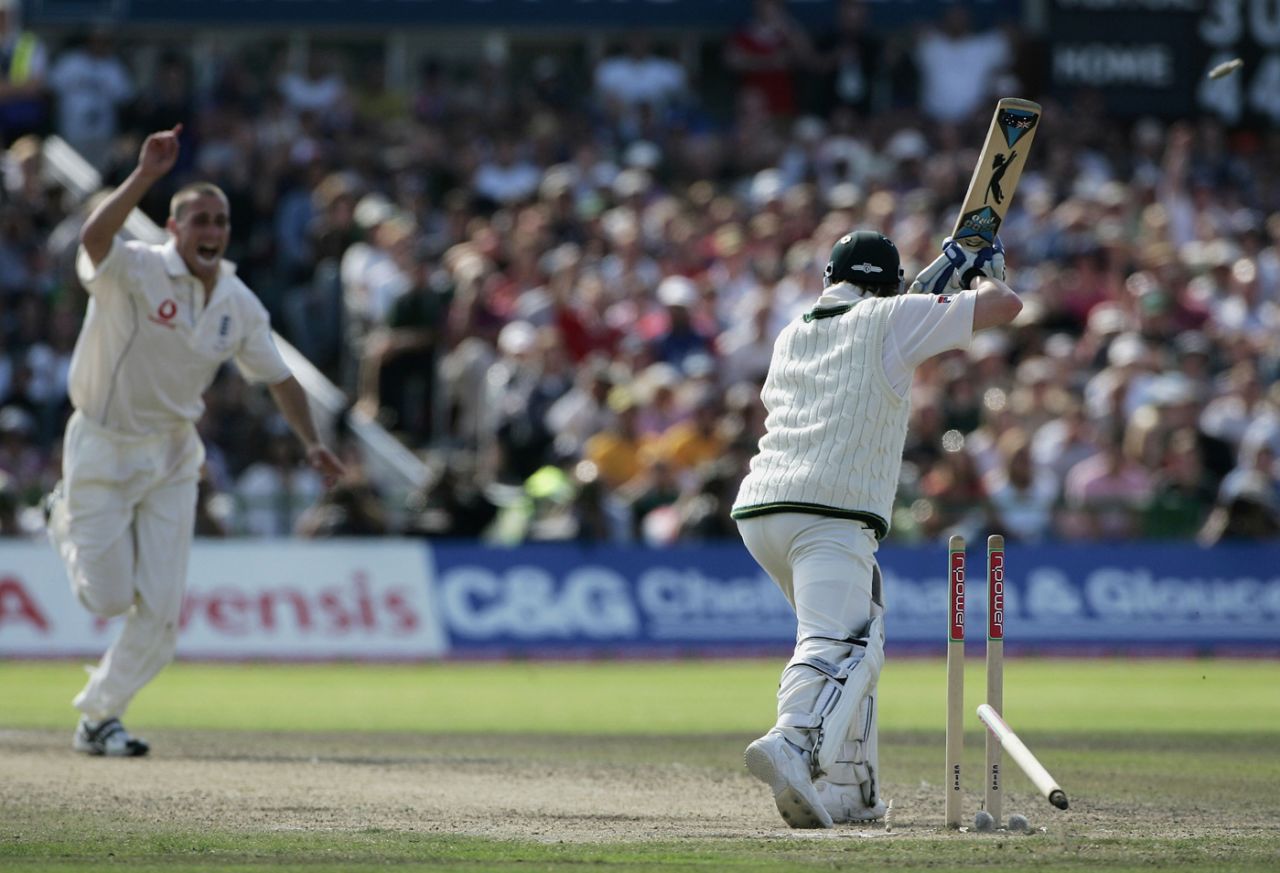 Error of judgement: Michael Clarke is bowled shouldering arms to Simon Jones, England v Australia, 3rd Test, Old Trafford, August 15, 2005