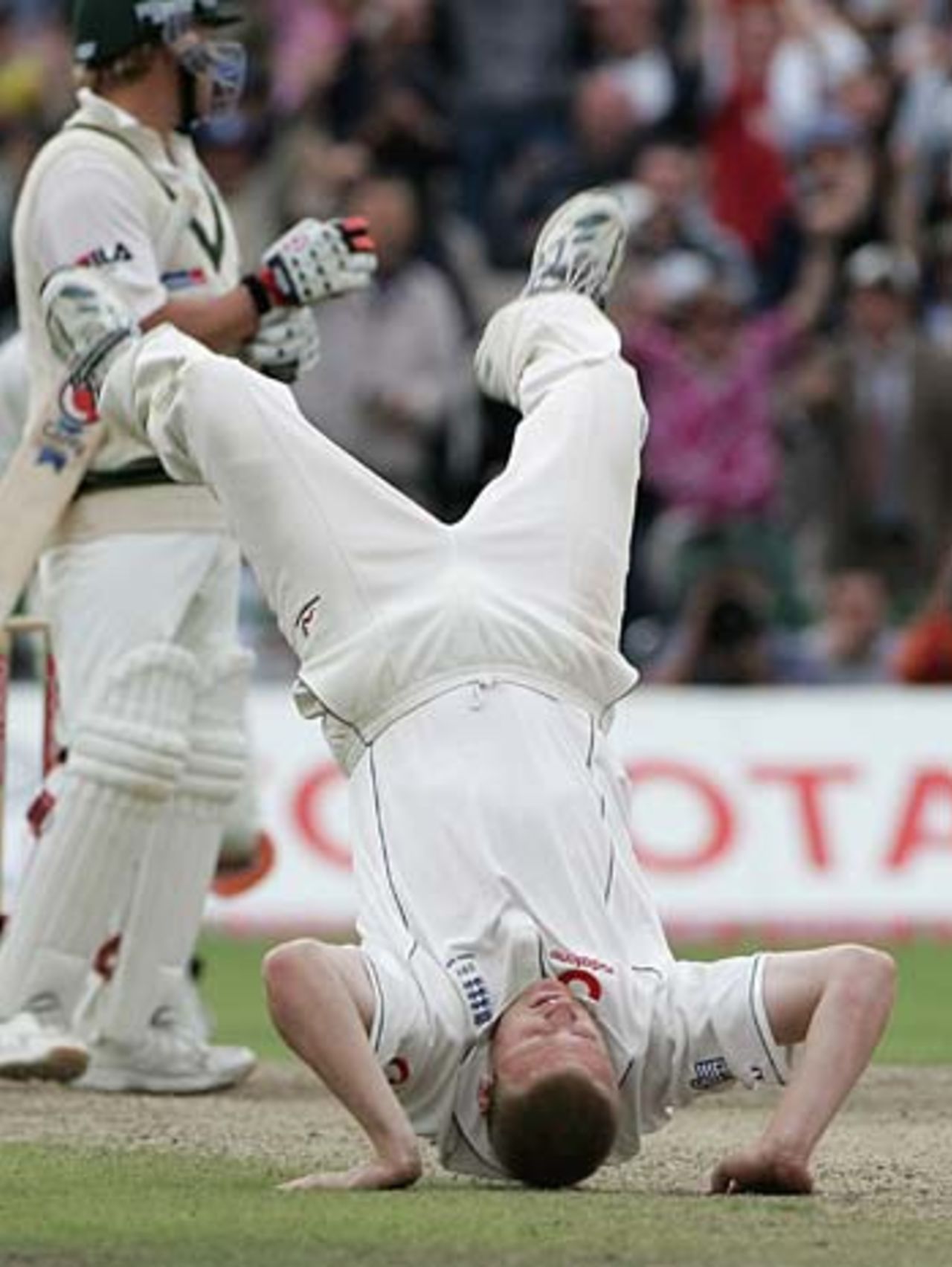 Andrew Flintoff does a backward flip after dismissing Shane Warne, England v Australia, 3rd Test, Old Trafford, August 15, 2005