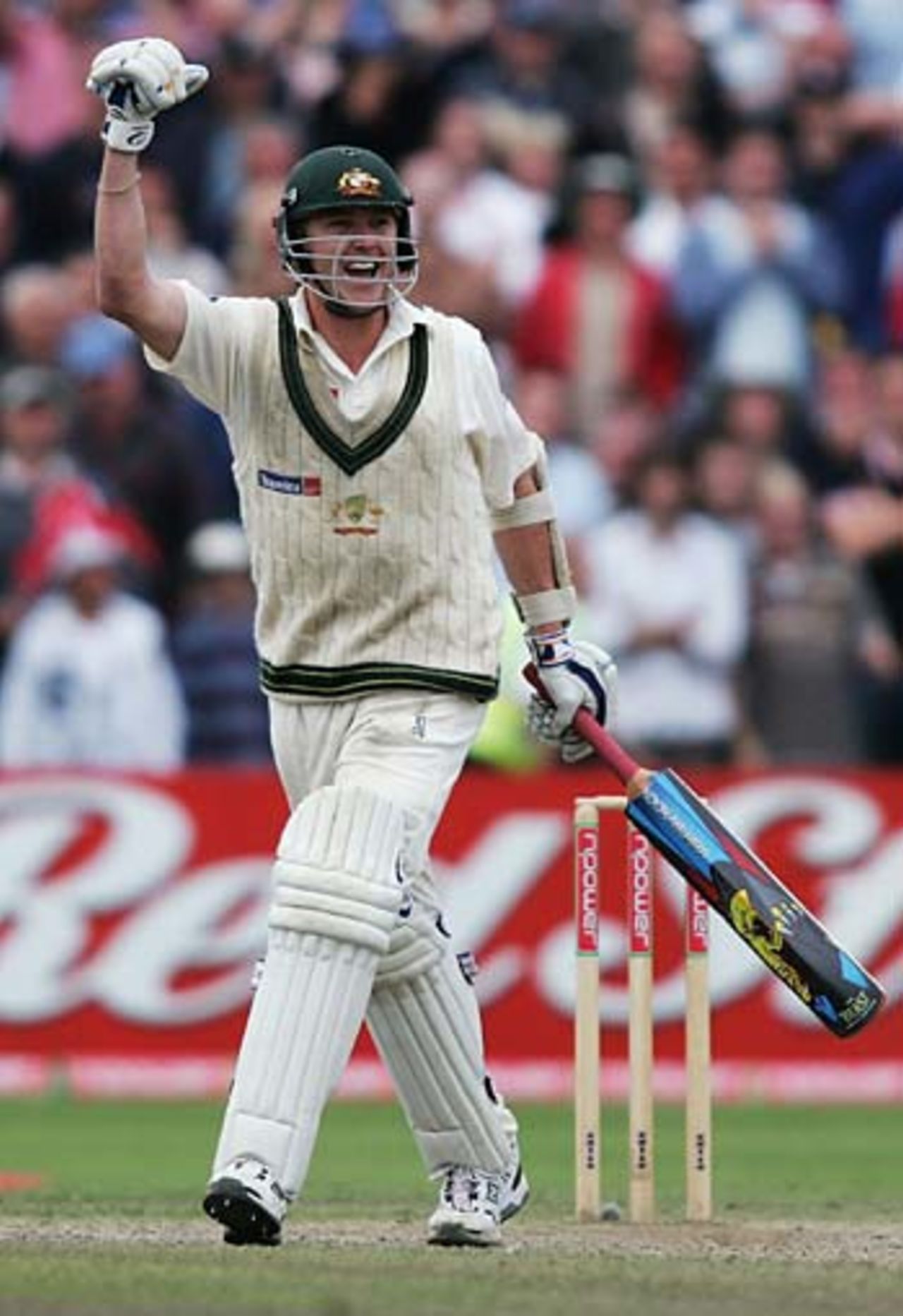 Brett Lee punches the air in delight as Australia earn the draw, England v Australia, 3rd Test, Old Trafford, August 15, 2005